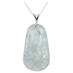 Vintage Icy Green 冰種 Jadeite Fruit and Vine Carved Jade in 18K White Gold