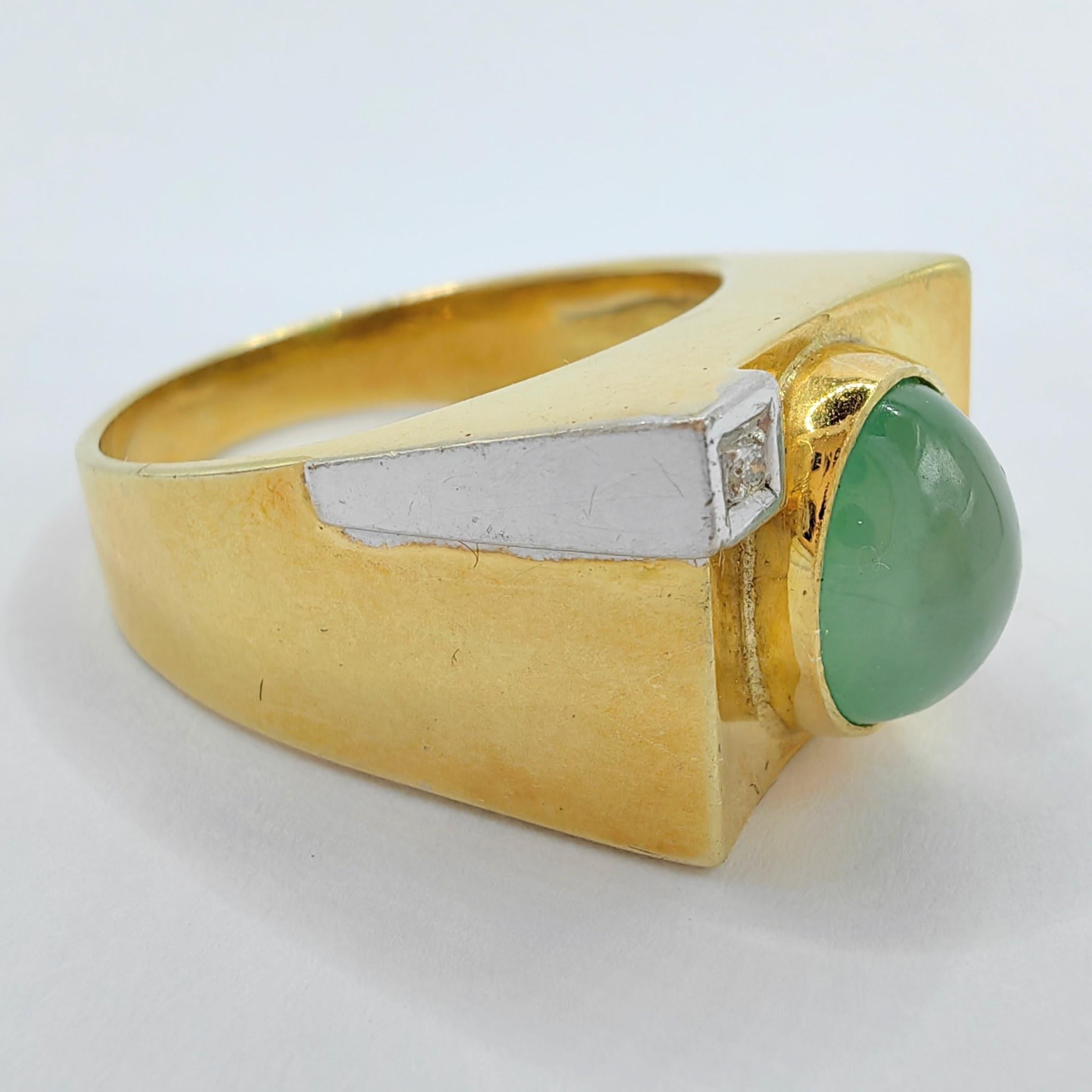 Women's or Men's Vintage Icy Light Apple Green Jadeite Jade Diamond Ring in 14K Two-tone Gold For Sale