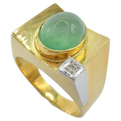 Vintage Icy Light Apple Green Jadeite Jade Diamond Ring in 14K Two-tone Gold