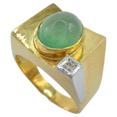 Bague vintage en or bicolore 14 carats avec jadéite vert pomme claire et diamants