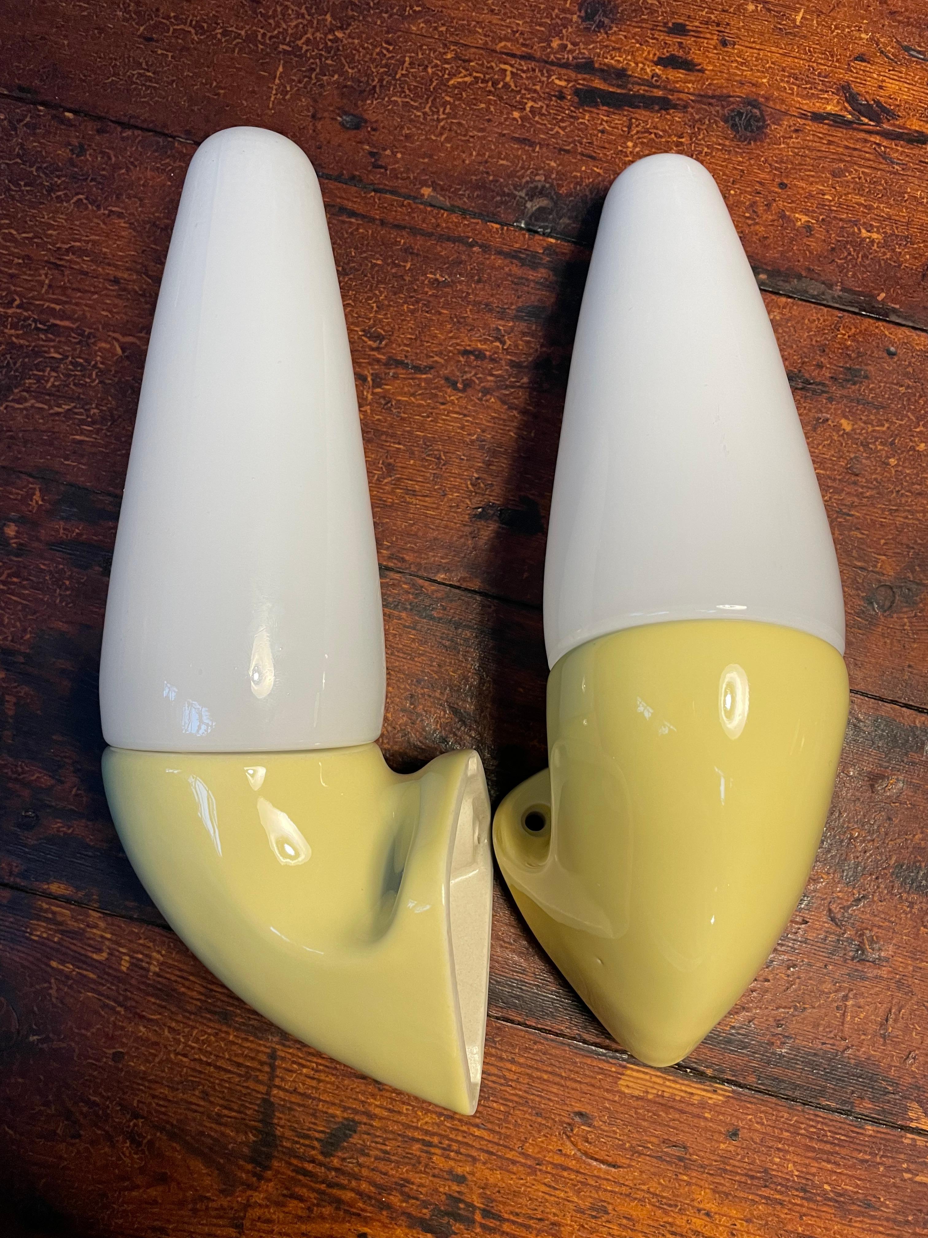 Mid-Century Modern Vintage Ifö of Sweden Ceramic Bathroom Lamps with Opaline Shades from the 1960s For Sale
