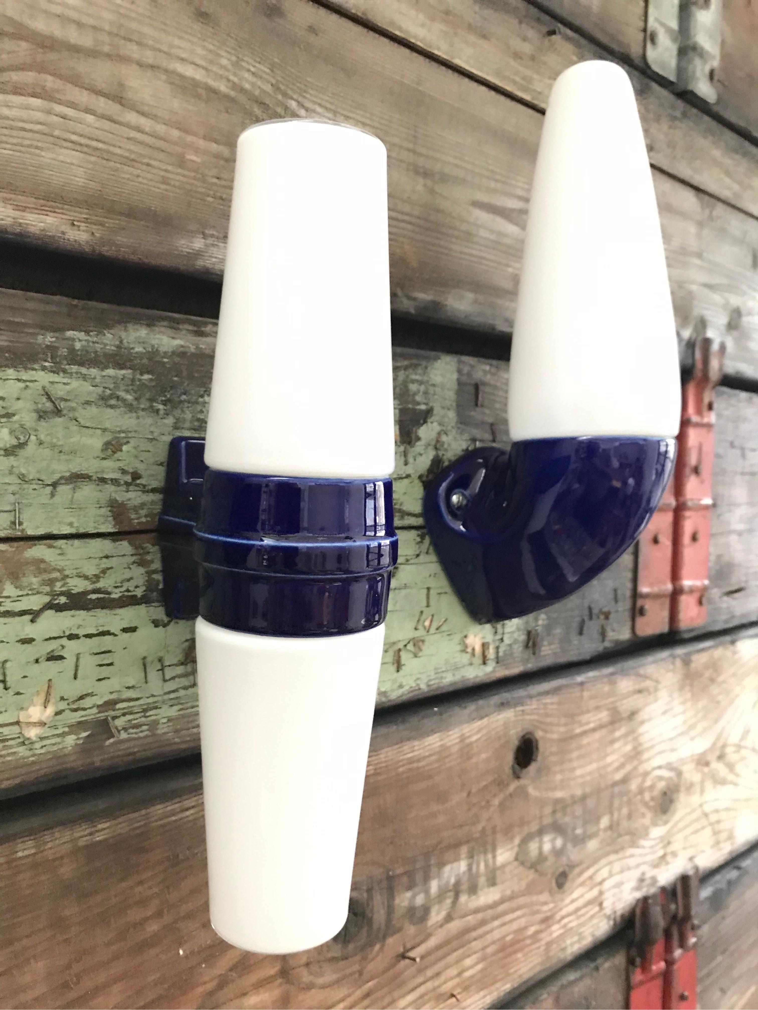 Hand-Crafted Vintage Ifö of Sweden Ceramic Bathroom Lamps with Opaline Shades from the 1960s
