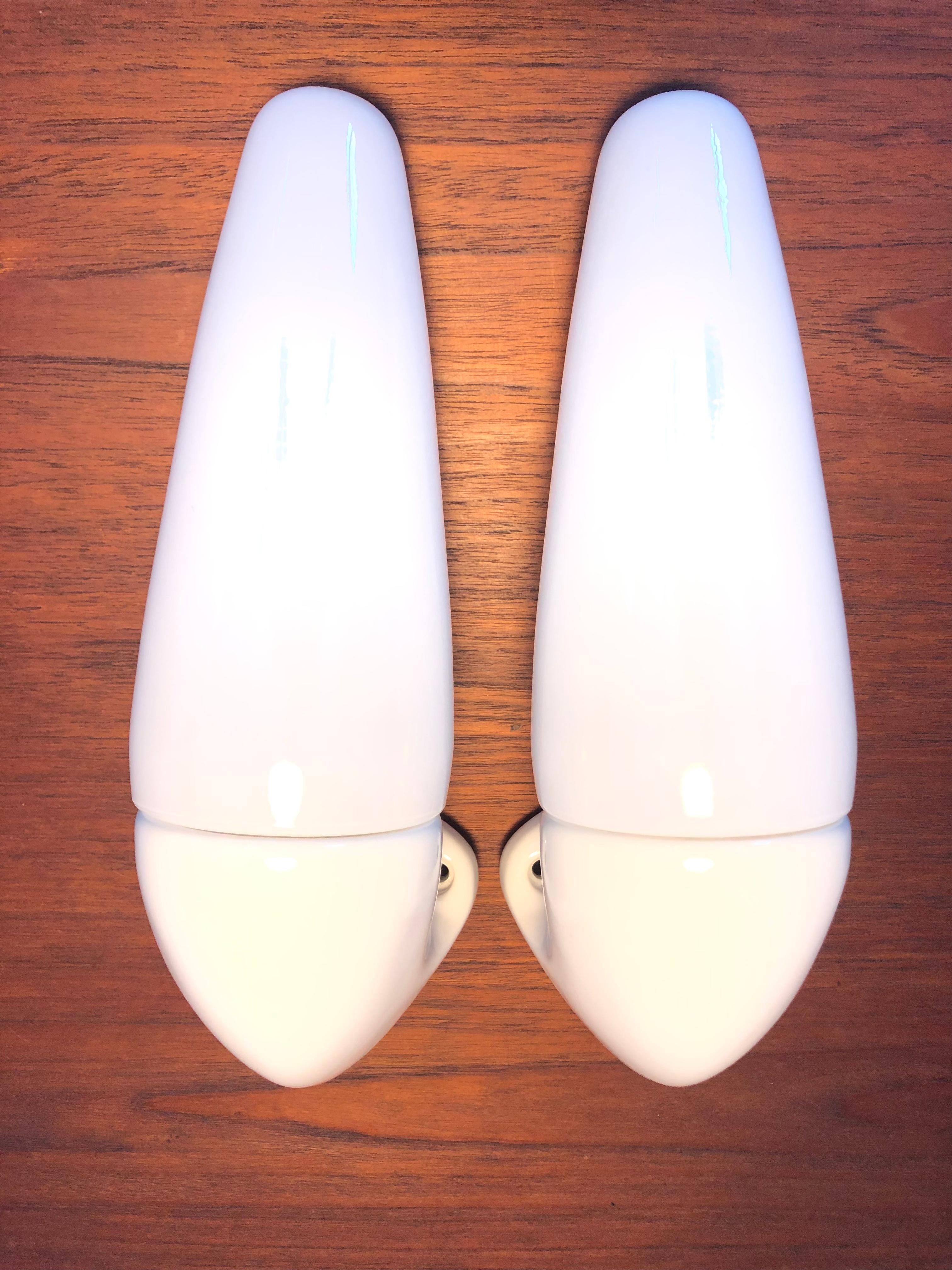 Hand-Crafted Vintage Ifö of Sweden Ceramic Bathroom Lamps with Opaline Shades from the 1960s For Sale