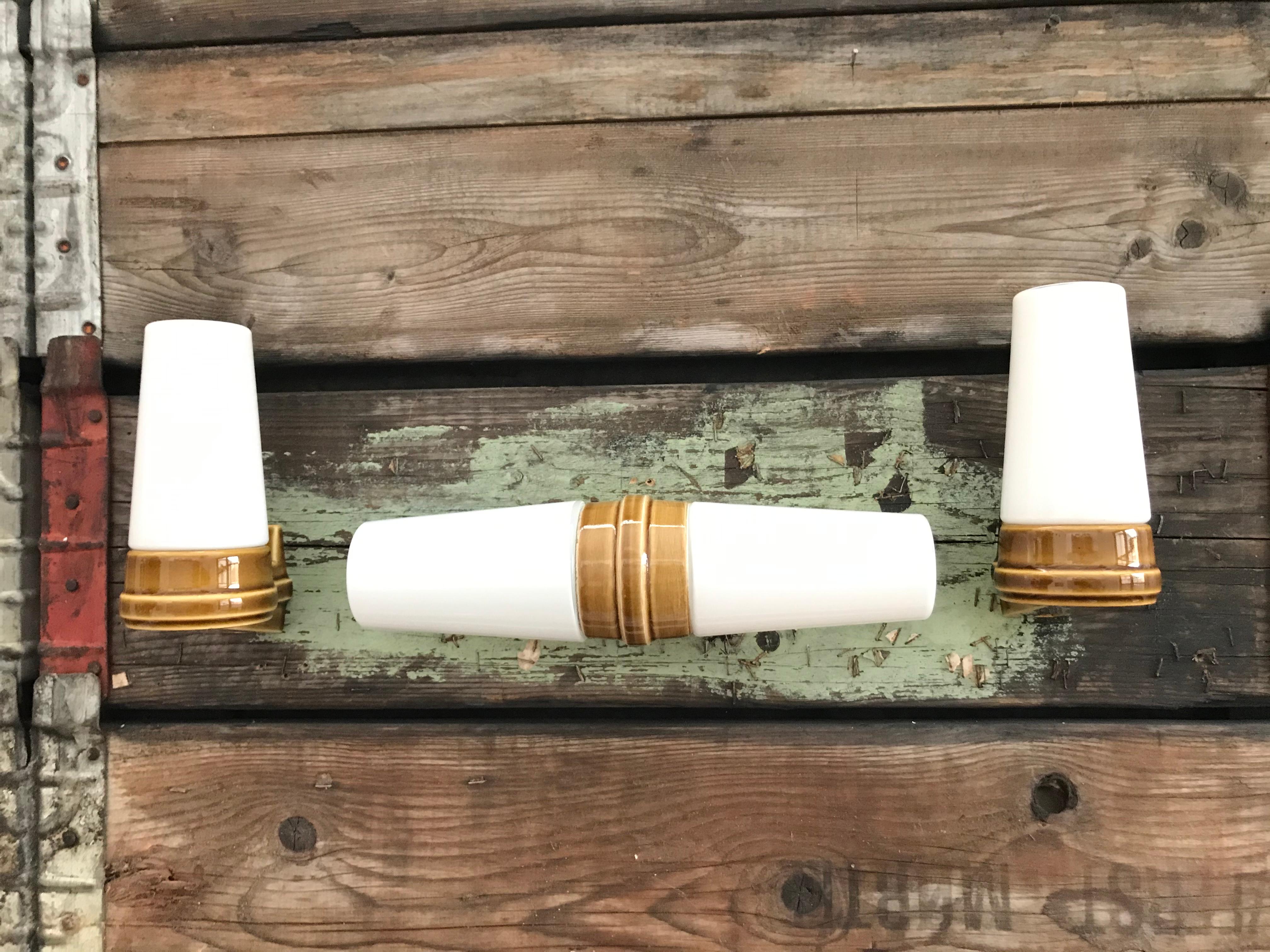 Vintage Ifö of Sweden Ceramic Bathroom Lamps with Opaline Shades from the 1960s In Good Condition In Søborg, DK