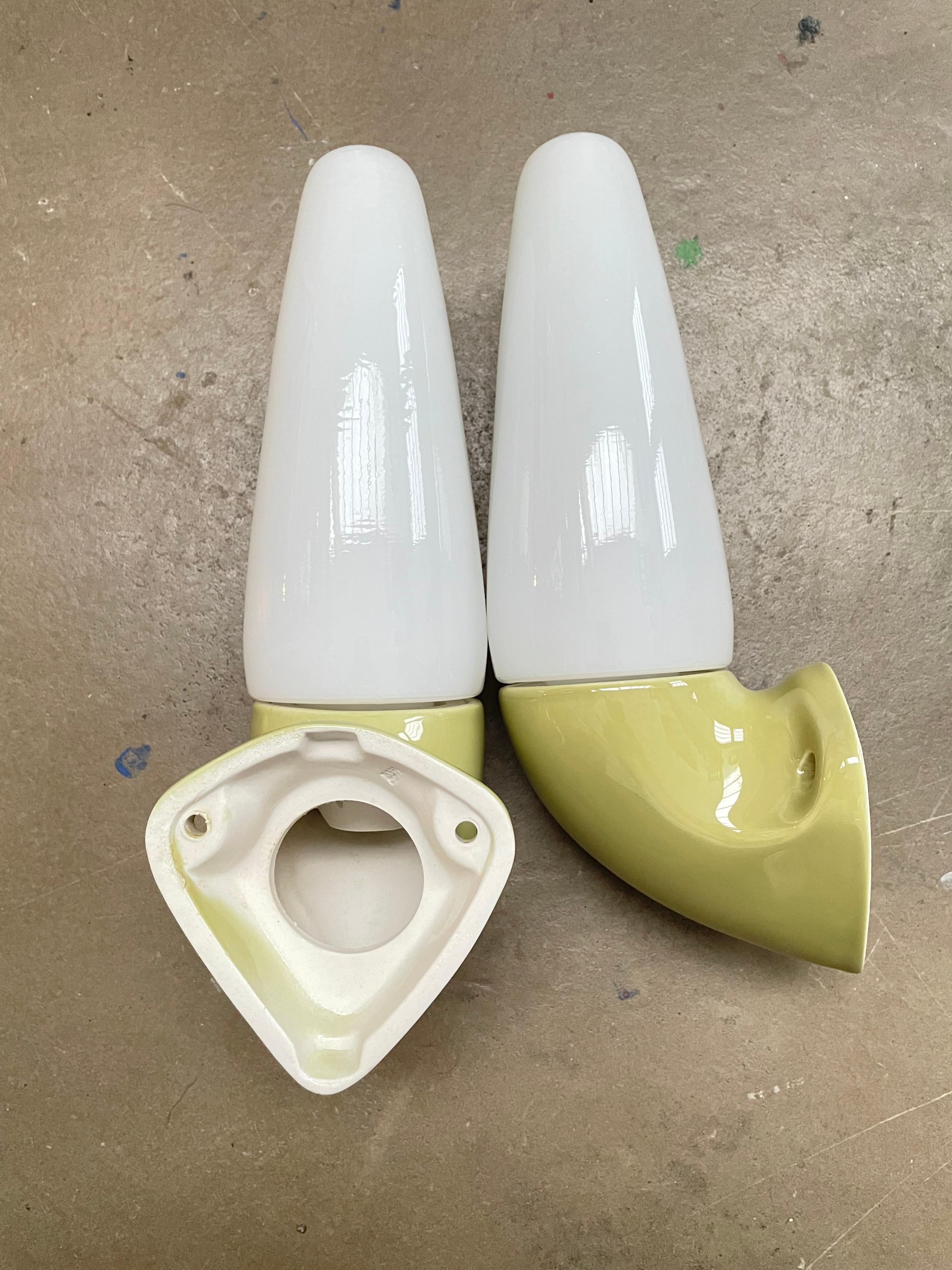 Mid-20th Century Vintage Ifö of Sweden Ceramic Bathroom Lamps with Opaline Shades from the 1960s For Sale