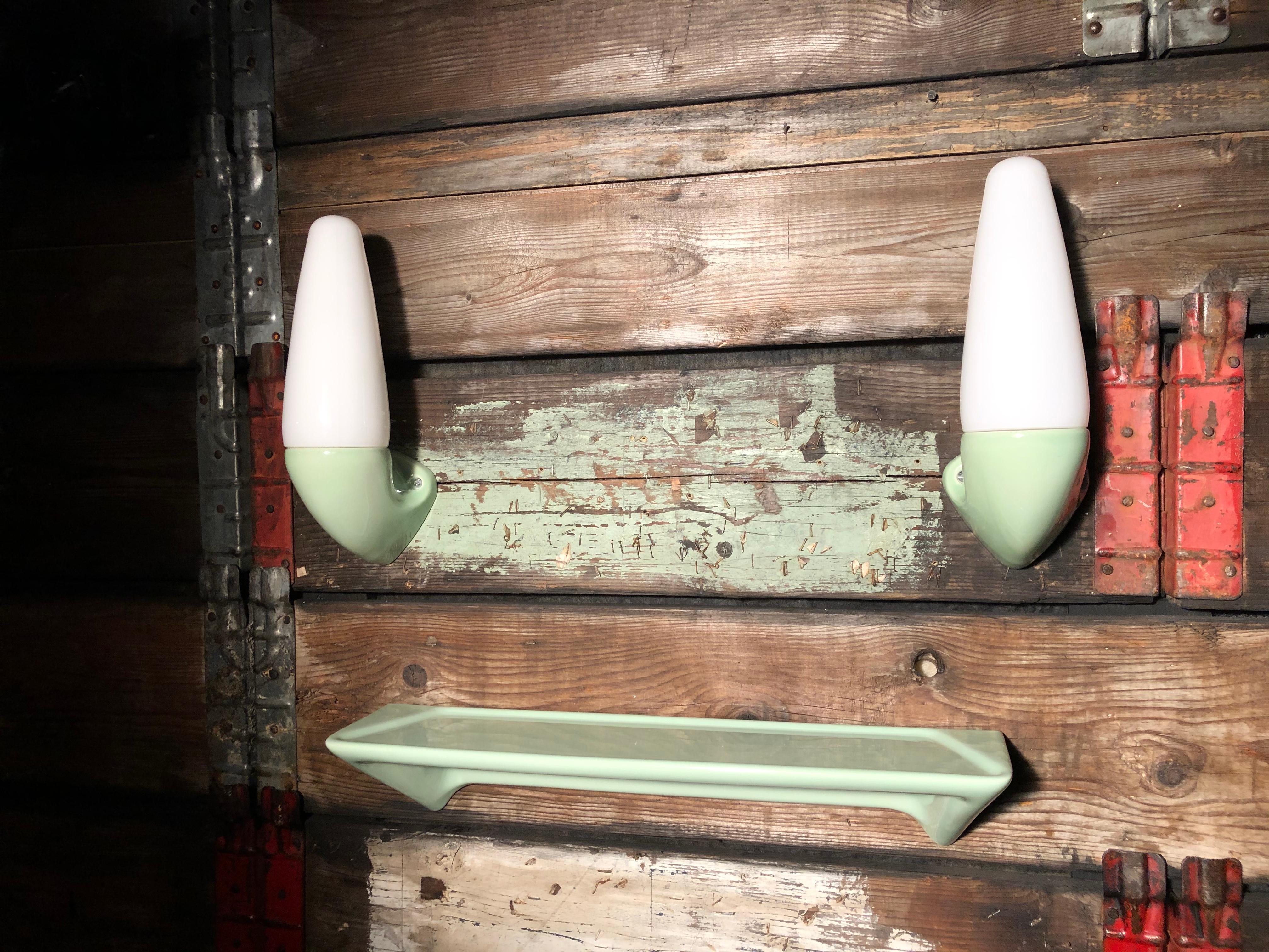Swedish Vintage Ifö of Sweden Set of Ceramic Bathroom Lamps and Shelf from the 1960s