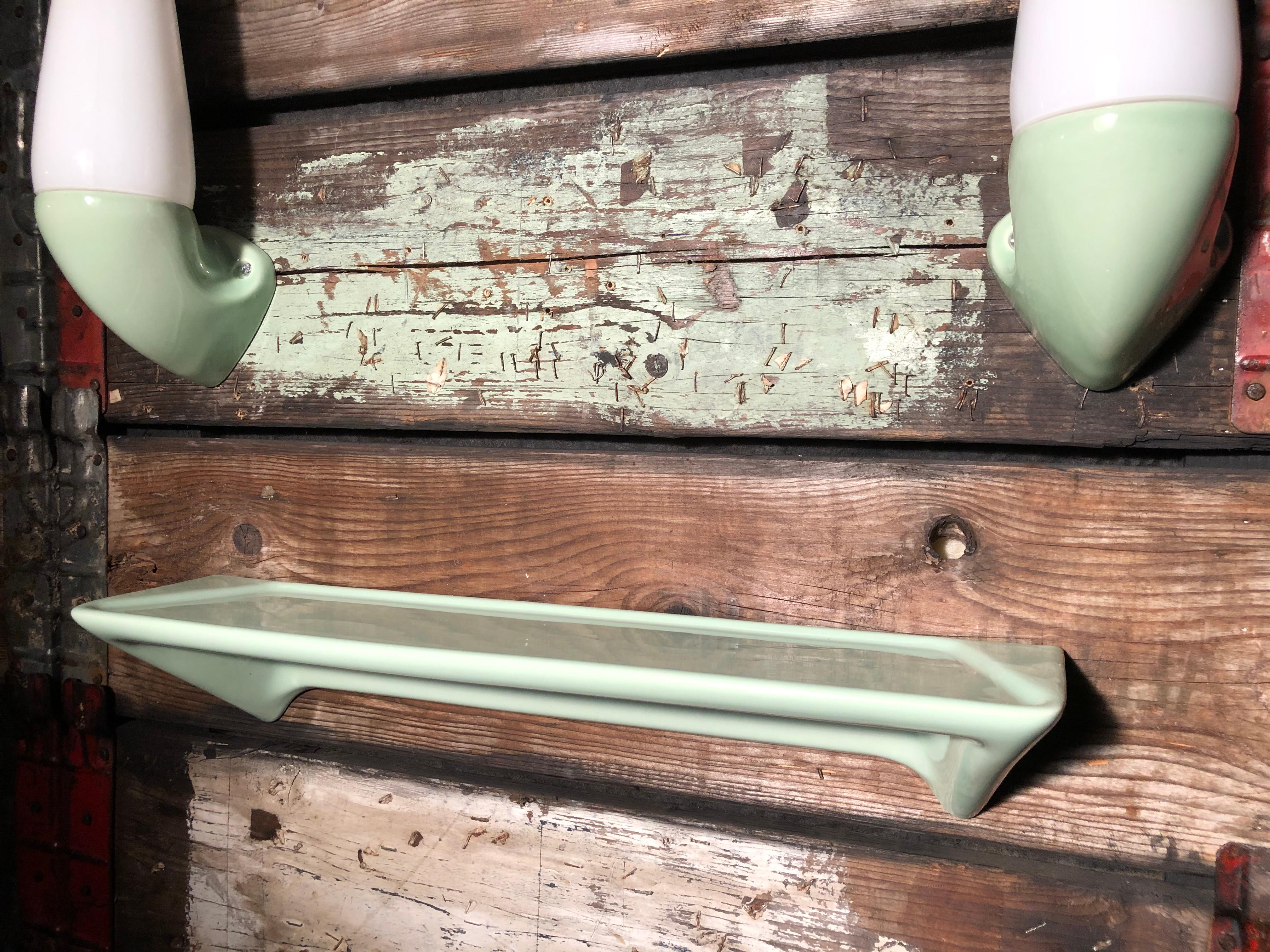 Hand-Crafted Vintage Ifö of Sweden Set of Ceramic Bathroom Lamps and Shelf from the 1960s