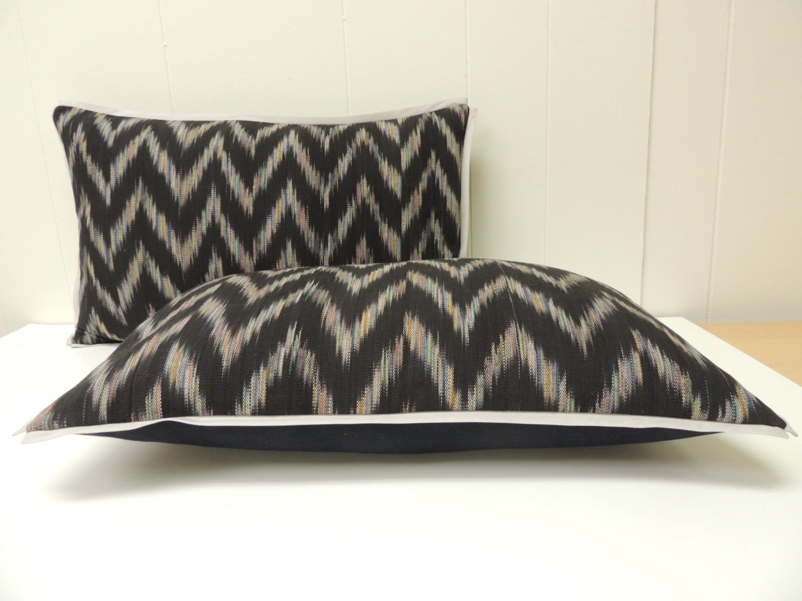 Tribal Vintage Ikat Woven Blue and Grey Decorative Lumbar Pillow For Sale