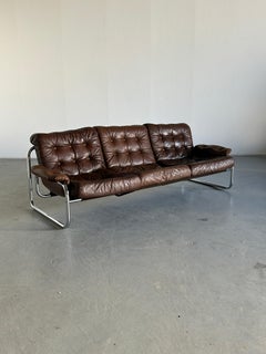 Vintage Ikea 'Borkum' Sofa by Johan Häggström, Chrome and Cognac Leather, 1970s