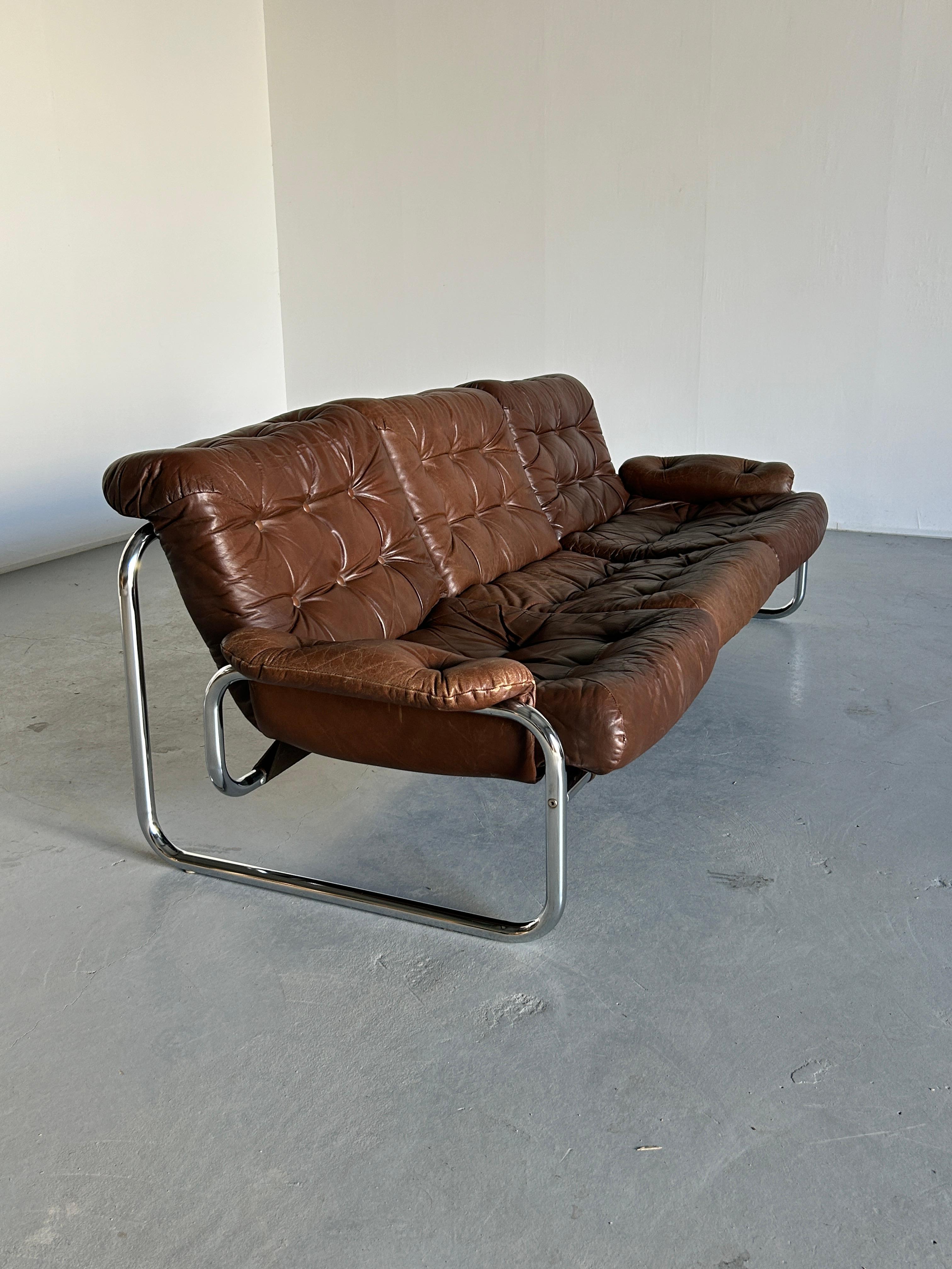 Mid-Century Modern Vintage Ikea 'Borkum' Sofa by Johan Häggström, Chrome and Cognac Leather, 1970s
