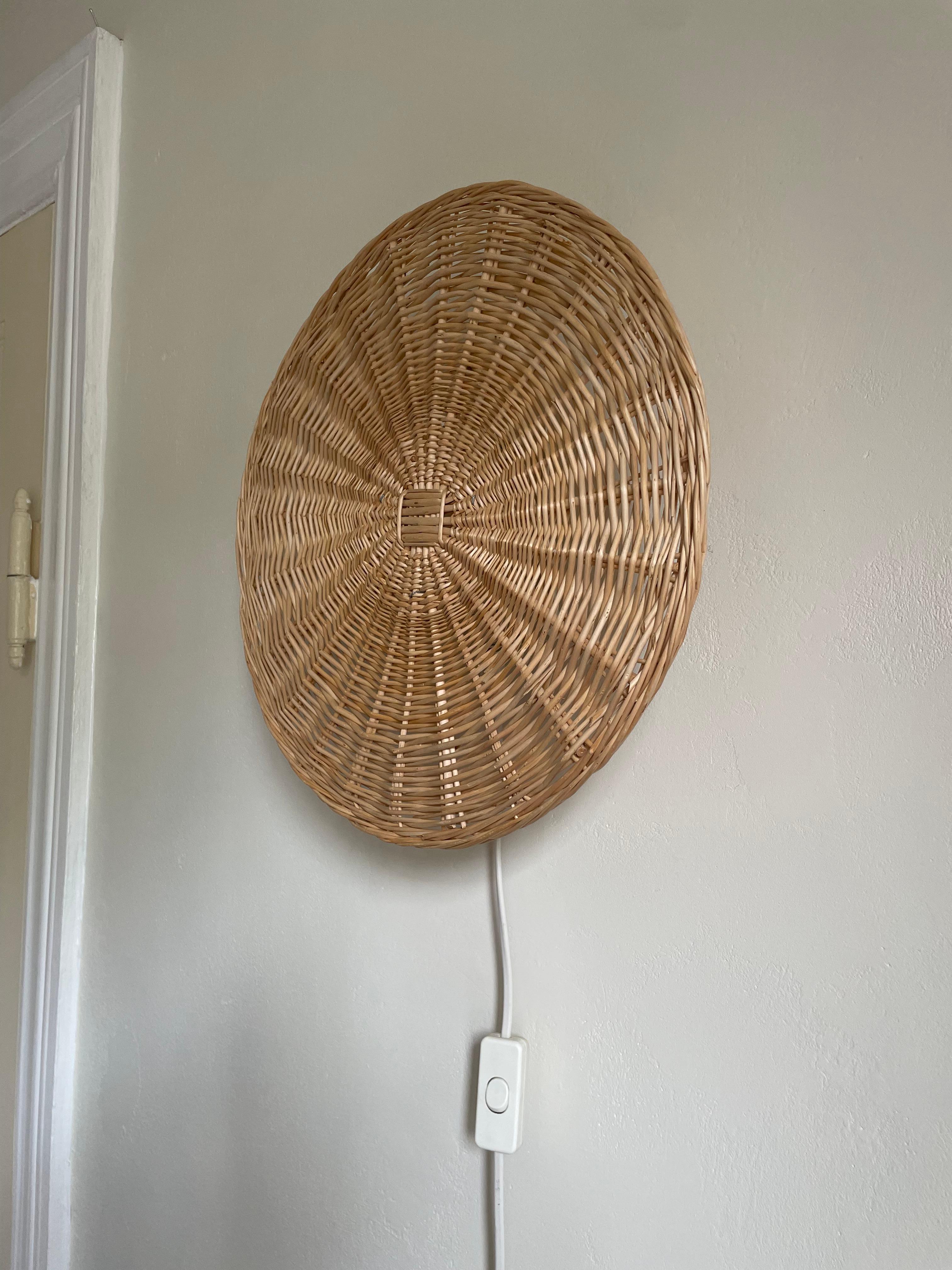 Hand-Woven Vintage 1980s Swedish Braided Bamboo Wall Sconce For Sale