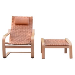 VINTAGE IKEA Poäng Saddle Leather Lounge Chair & Ottomane Noboru Nakamura 1999