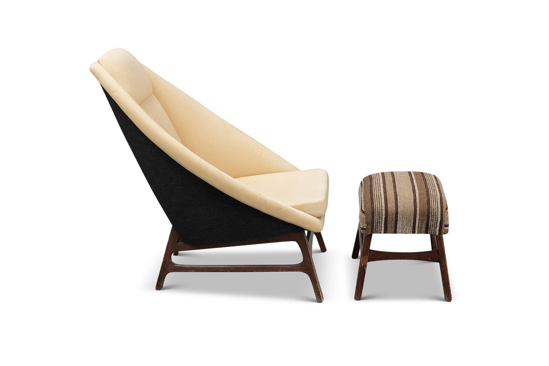 Origin: Sweden
Designer: Unknown
Manufacturer: IKEA
Era: 1956
Materials: Wool beech
Measurements: 30 wide x 32 deep x 36 tall. Seat: 15.5 tall, ottoman 18 wide x 13 deep x 16 tall.