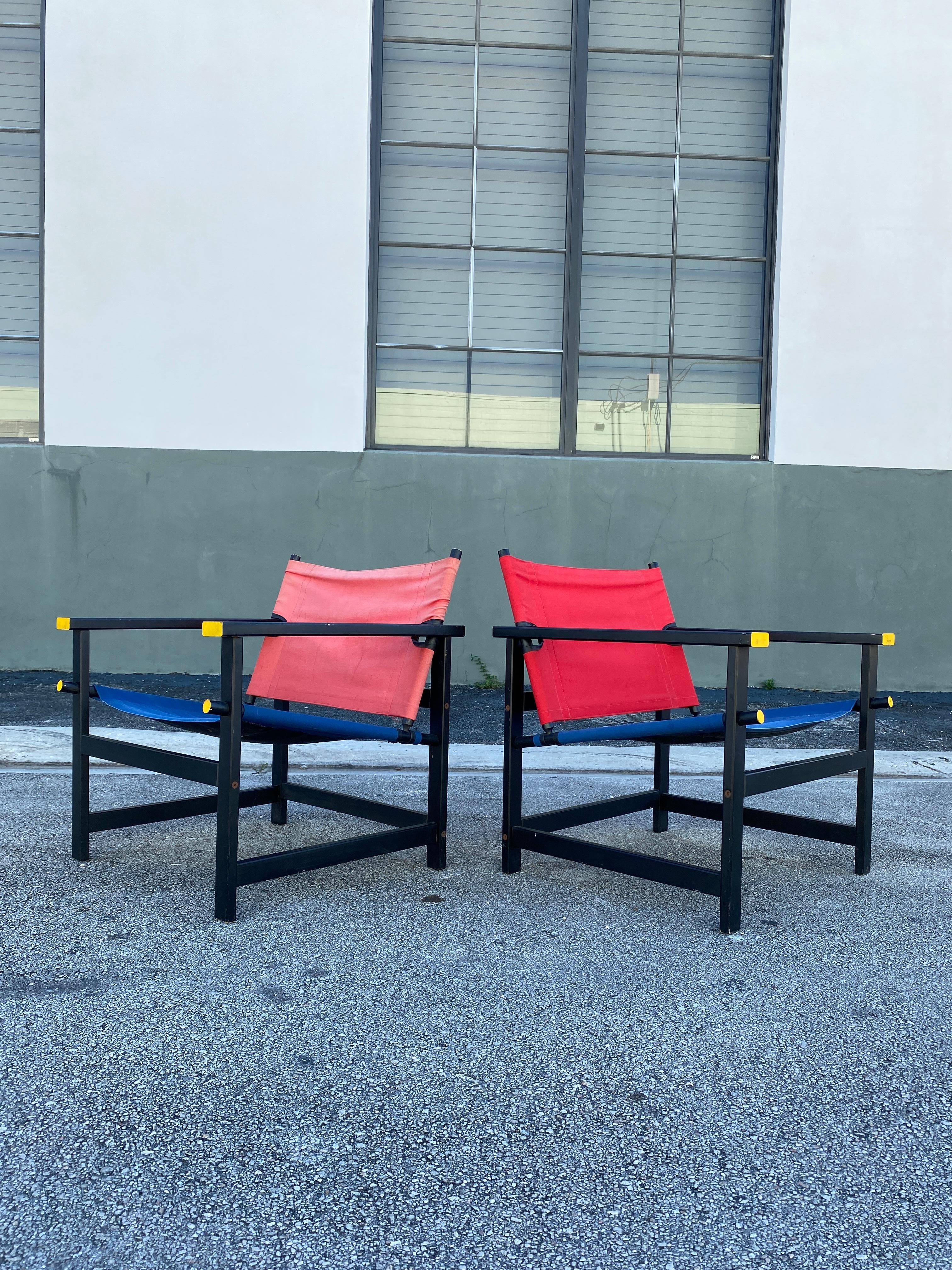 Swedish Vintage Ikea red and blue sling chairs in the style of Mondrian - a pair For Sale
