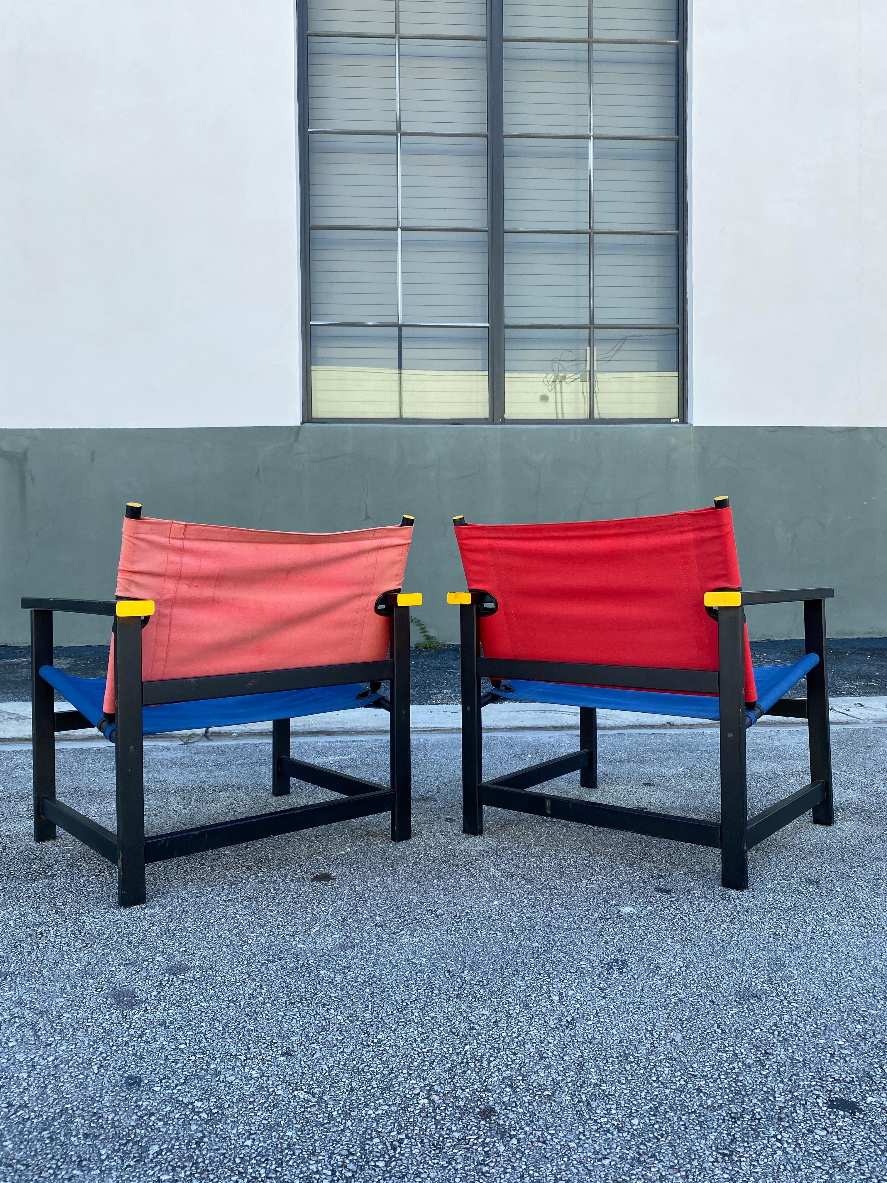 Vintage Ikea red and blue sling chairs in the style of Mondrian - a pair In Fair Condition For Sale In Asheville, NC