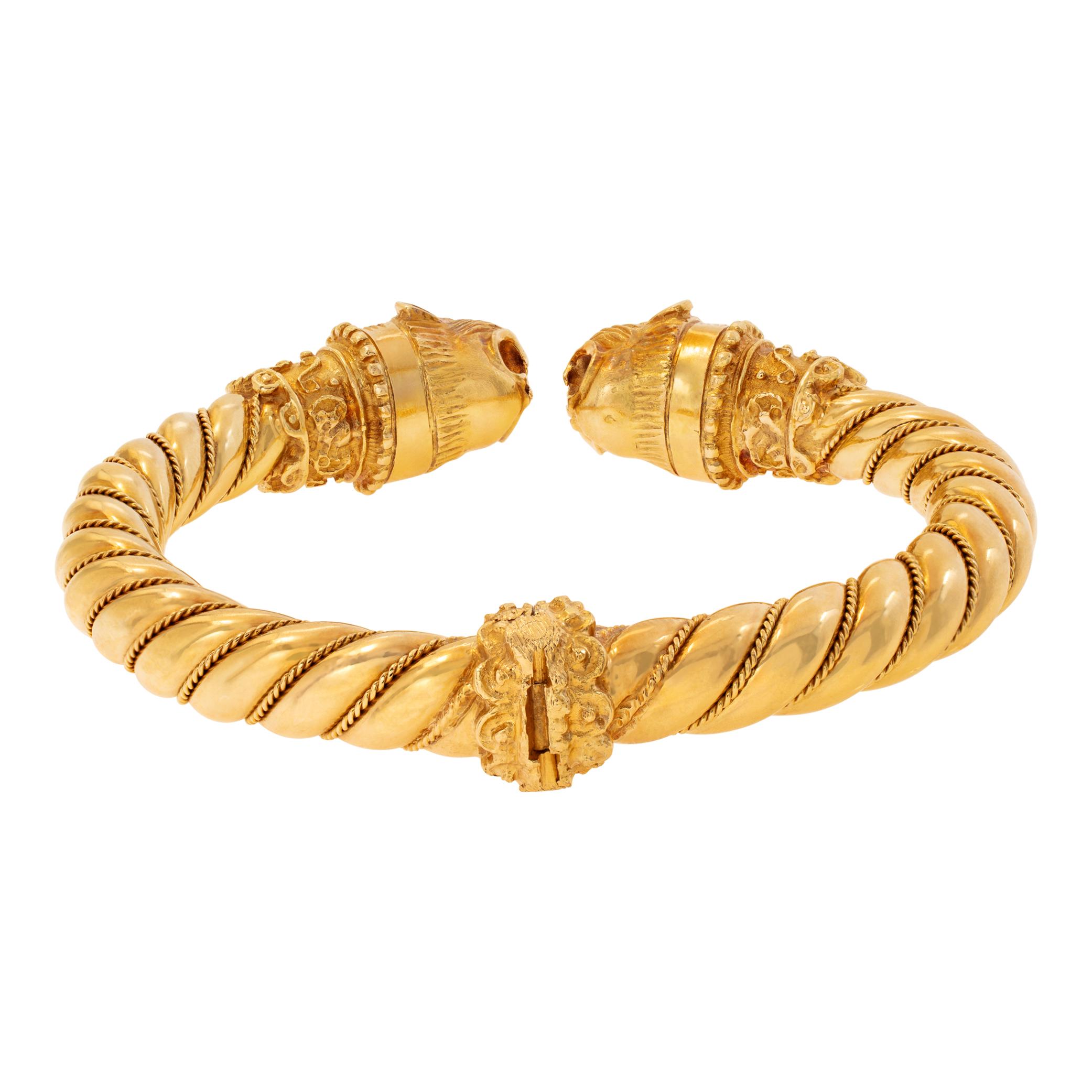 Women's Vintage Ilias Lalaouinis for Zolotas, yellow gold Chimera heads bangle bracelet
