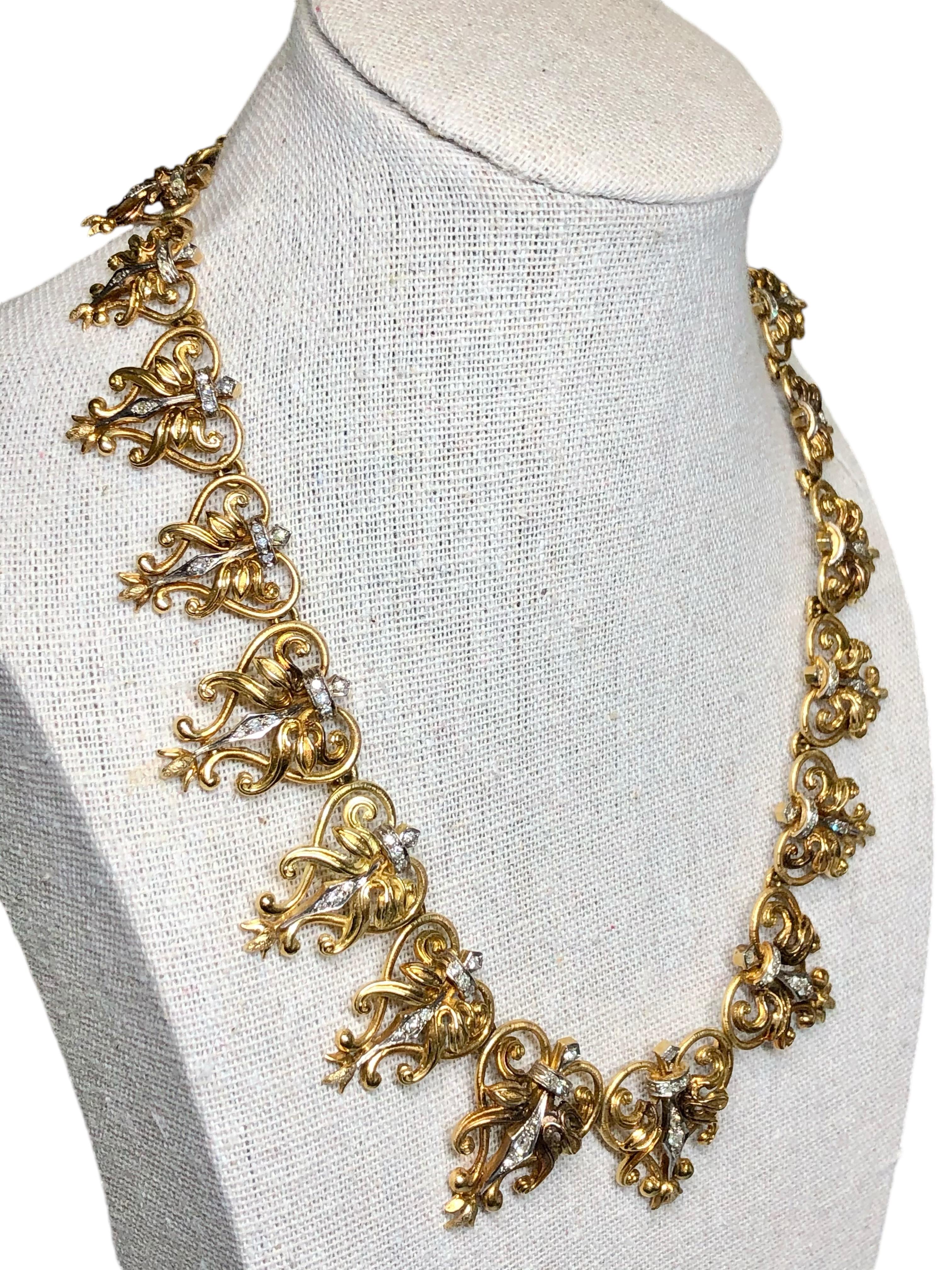 
A stunning, one of a kind piece from the jewelry house of Ilias Lalaounis. This exquisite necklace, circa the early 1960’s, has been hand crafted in 18K yellow gold with white gold tops in an unmistakably Art Nouveau design complete with beautiful