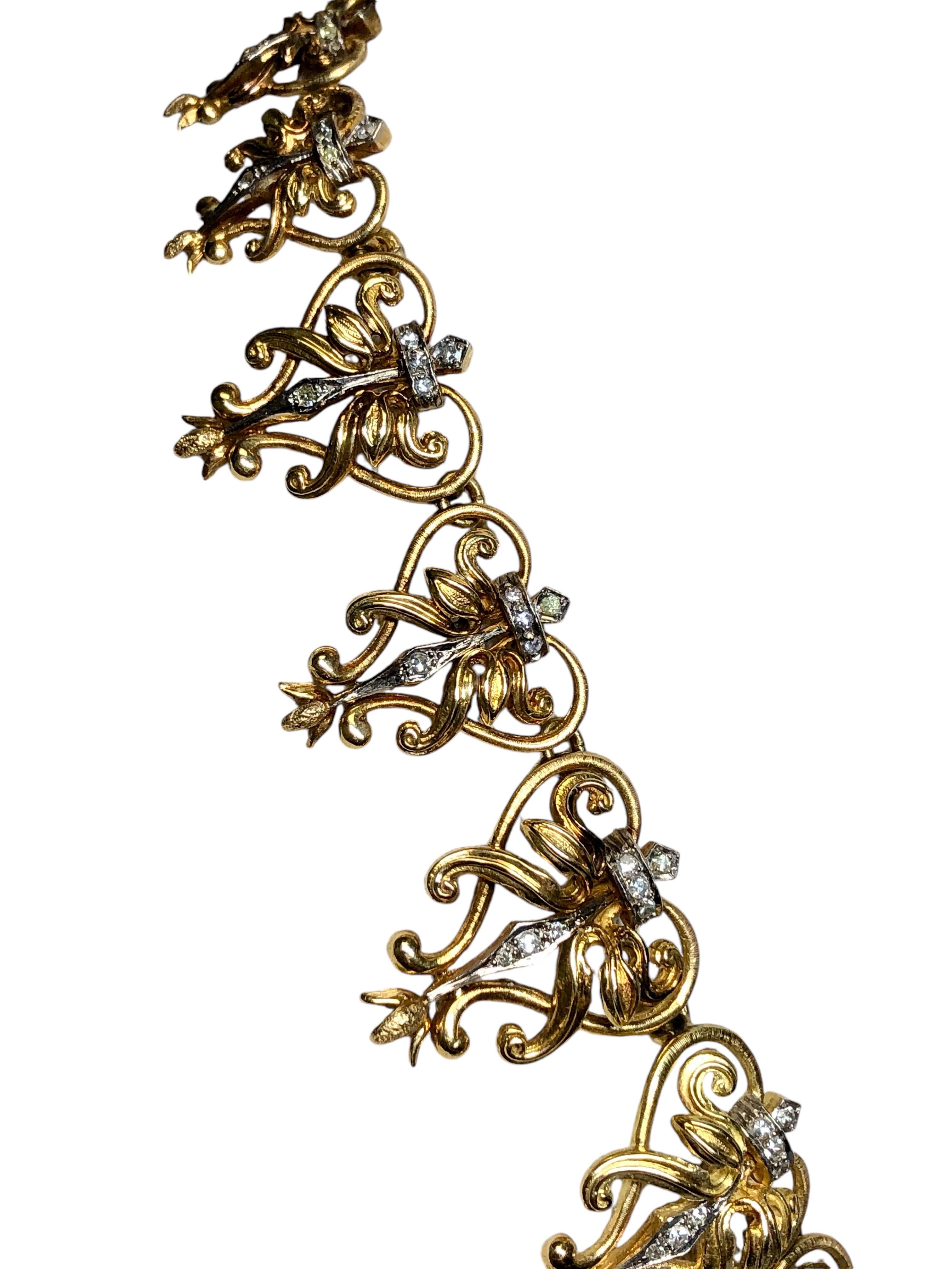 Round Cut Vintage Ilias Lalaounis 18K Diamond Art Nouveau Greek Station Necklace 17” For Sale