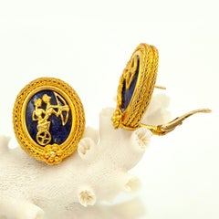Vintage Ilias Lalaounis 18K YG Oval Sodalite Greek motifs Earrings