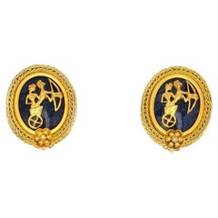 Vintage Ilias Lalaounis 18K YG Oval Sodalite Greek motifs Earrings