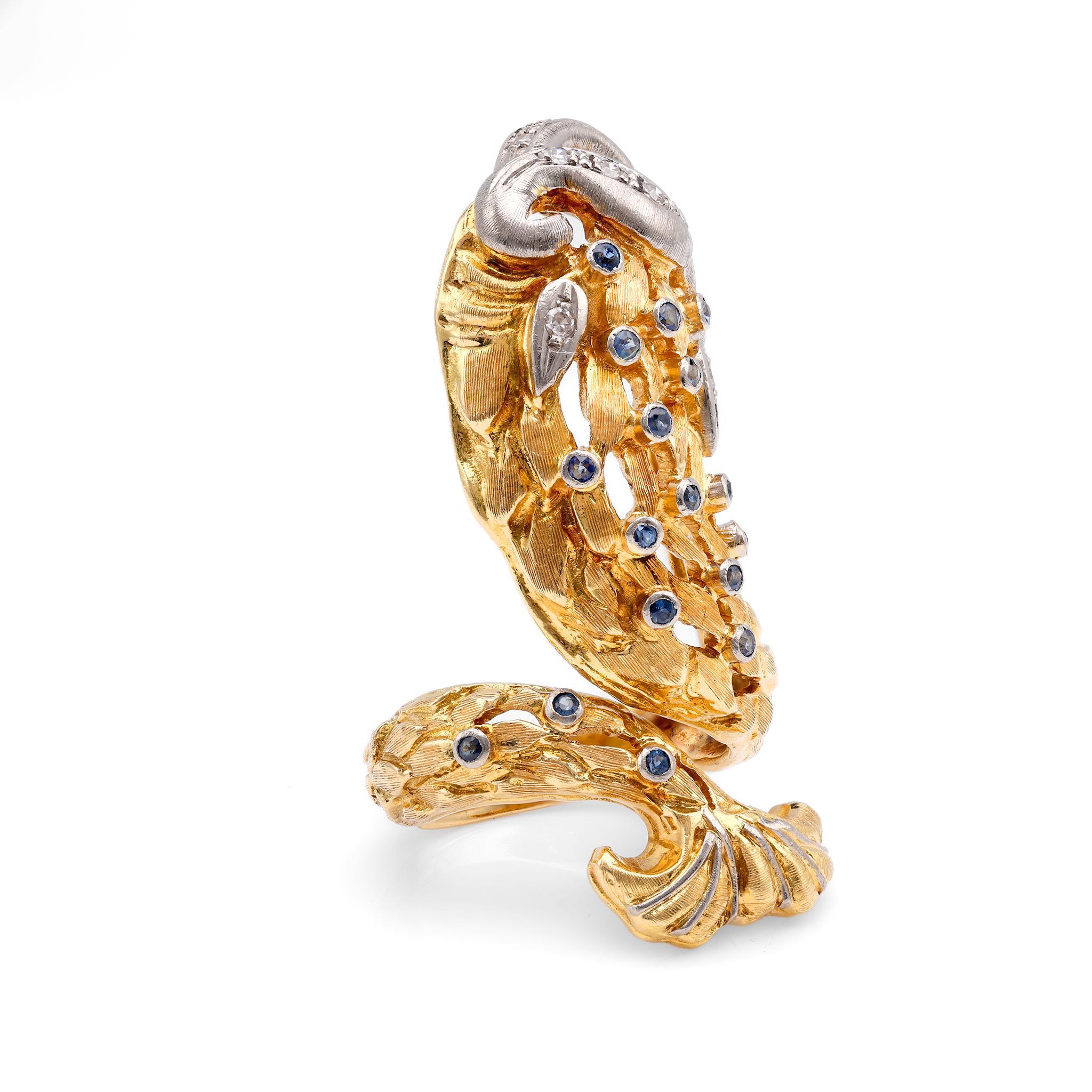 Vintage Ilias Lalaounis Diamant Saphir 18K Gelb Weißgold Koi Fisch Ring (Einfacher Schliff)