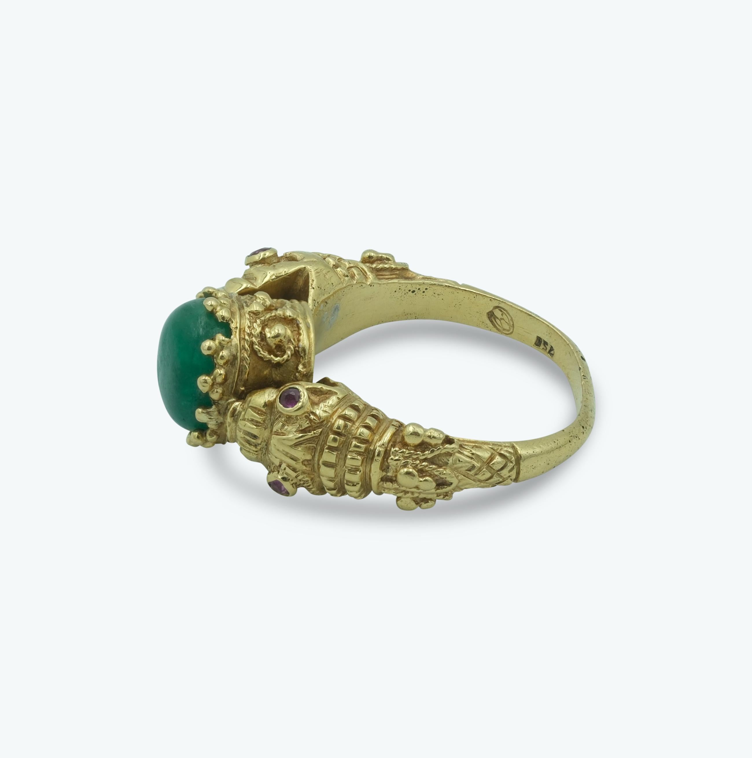 Greek Revival Vintage Ilias Lalaounis Emerald & Ruby Double Snake Figural Ring in 18K Gold