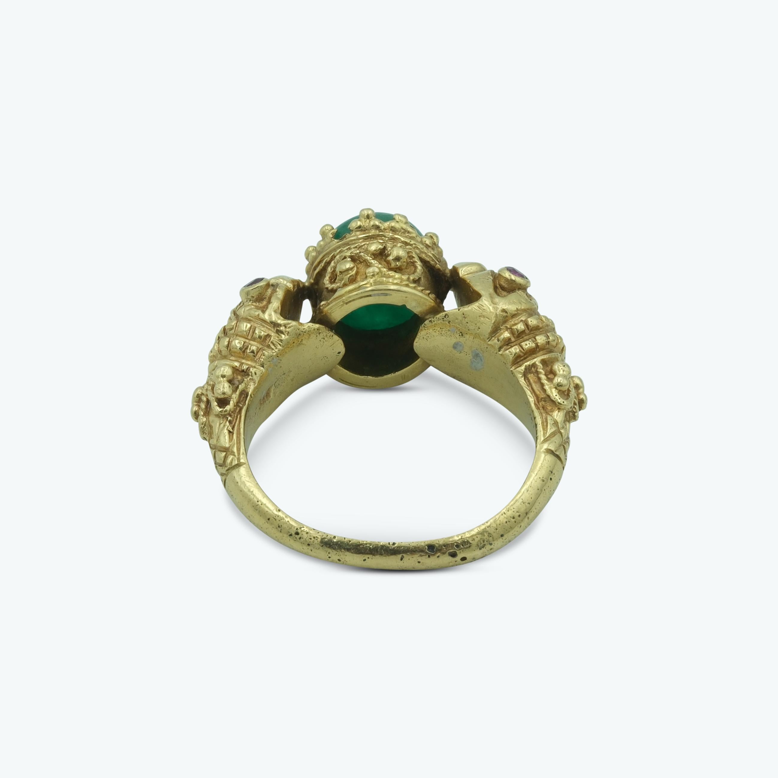 Cabochon Vintage Ilias Lalaounis Emerald & Ruby Double Snake Figural Ring in 18K Gold