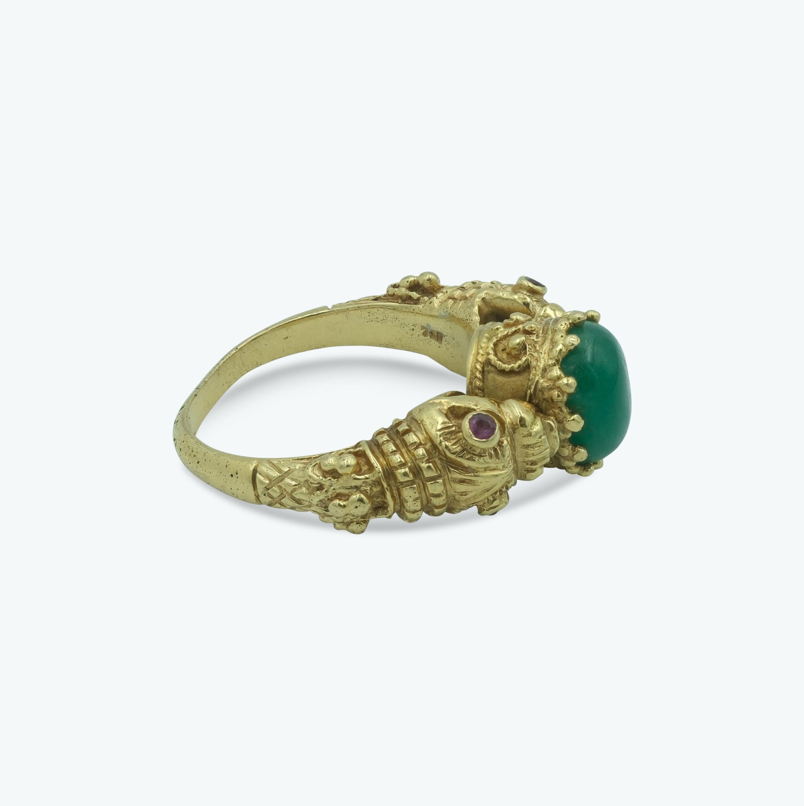 Vintage Ilias Lalaounis Emerald & Ruby Double Snake Figural Ring in 18K Gold In Good Condition In Fairfield, CT