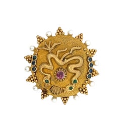 Signed Ilias Lalaounis Greek 18K Gold Gemstone & Pearl Brooch, Circa 1960s–1970