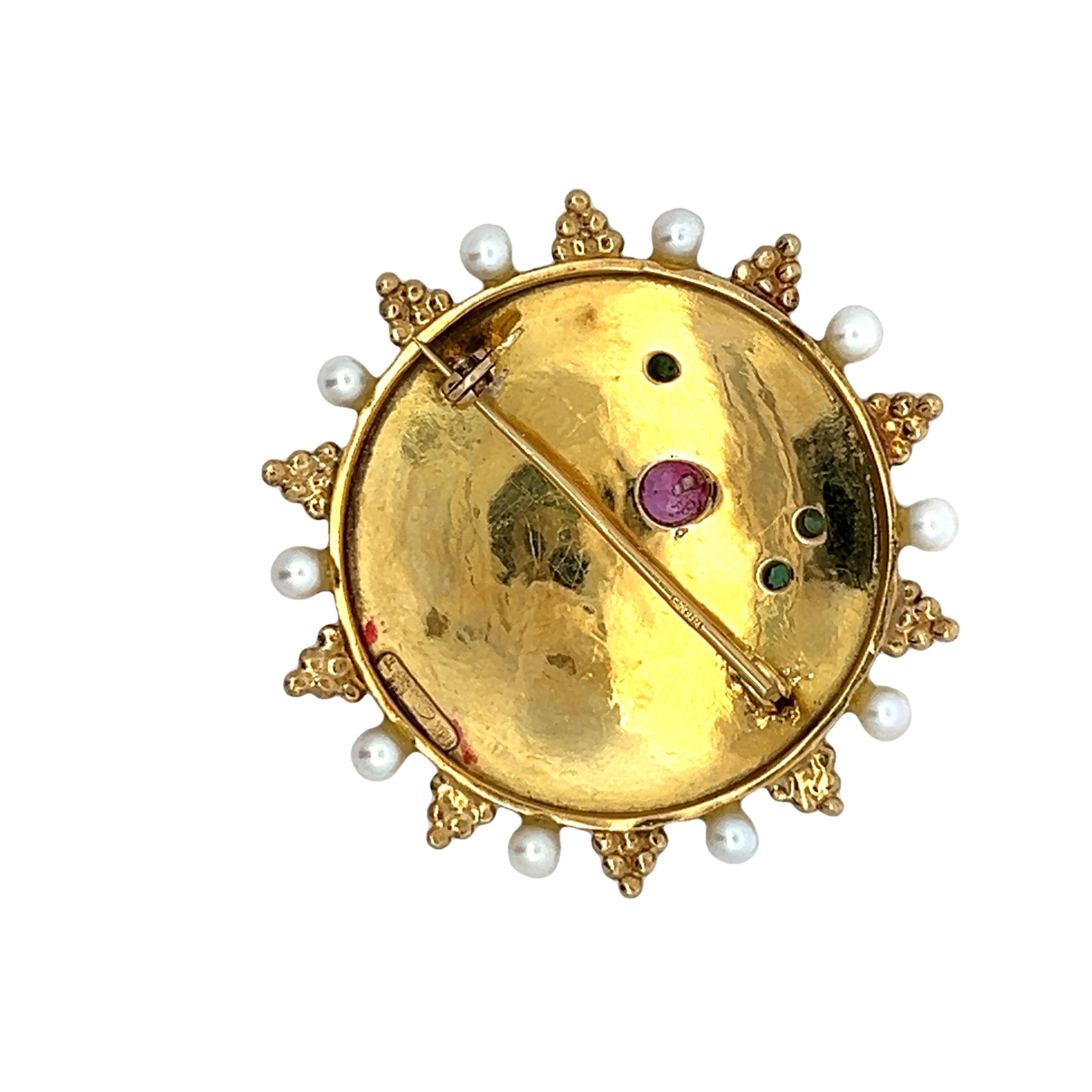 Round Cut Vintage Ilias Lalaounis  Multi Gem Gold Brooch For Sale