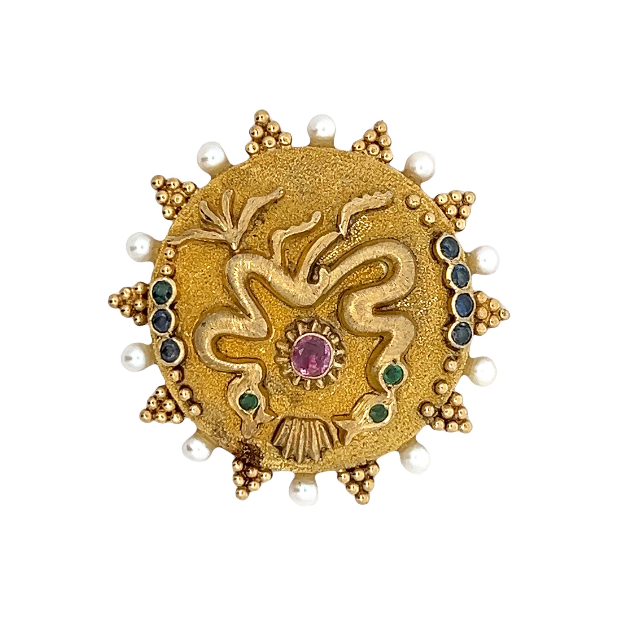 Vintage Ilias Lalaounis  Multi Gem Gold Brooch In Excellent Condition For Sale In Miami, FL