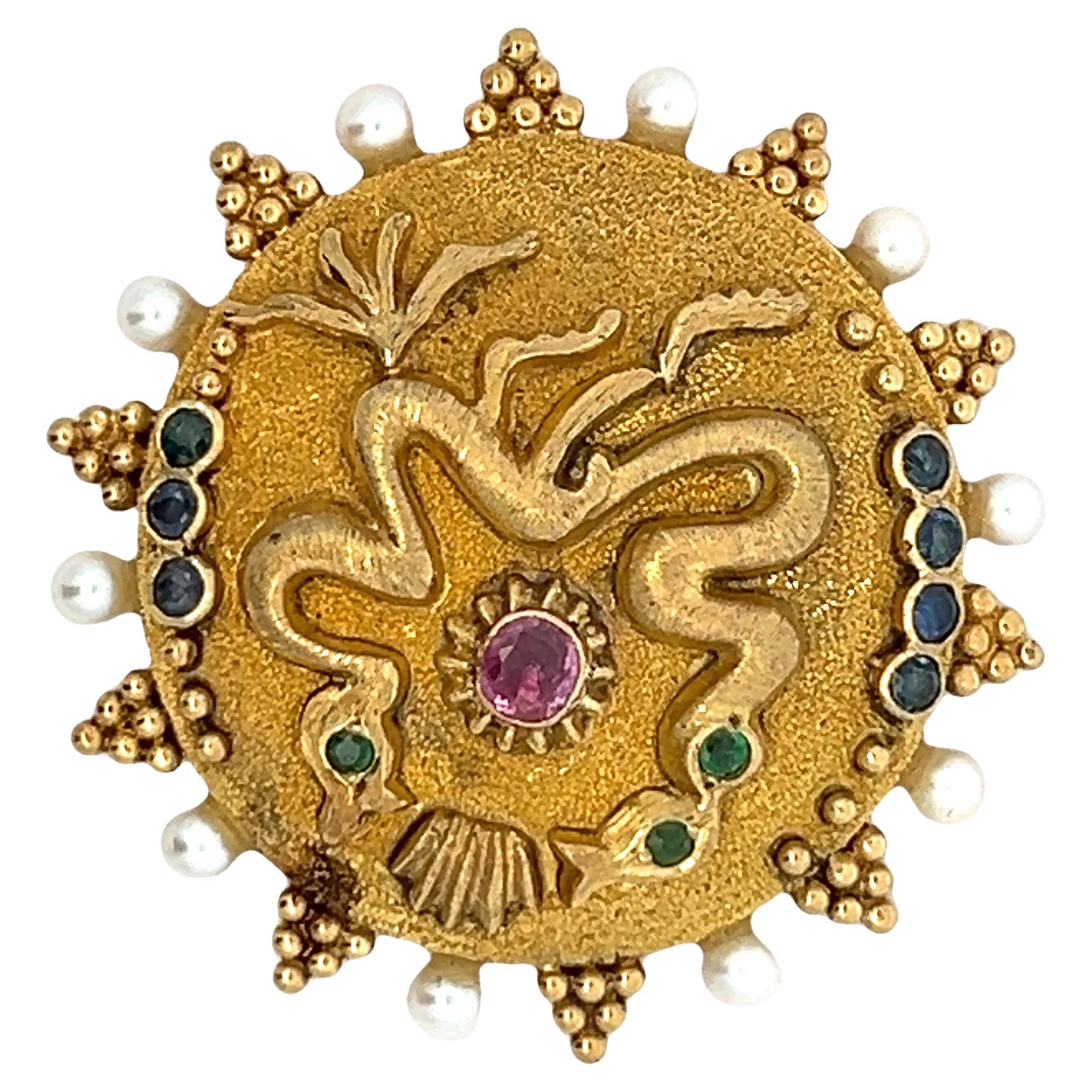 Vintage Ilias Lalaounis  Multi Gem Gold Brooch