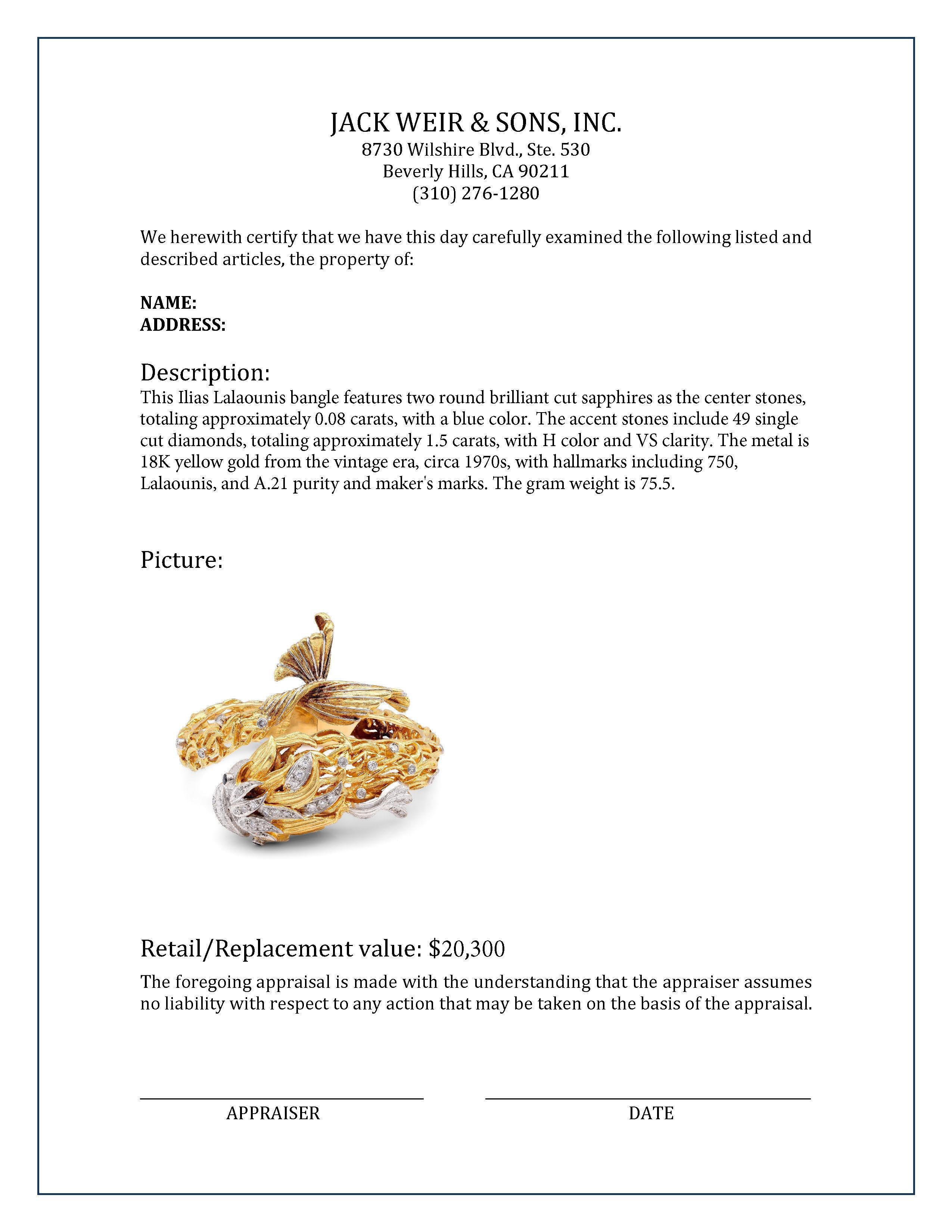 Ilias Lalaounis: 18 Karat Gelbgold Koi-Fisch-Armreif mit Saphir und Diamant im Zustand „Hervorragend“ in Beverly Hills, CA
