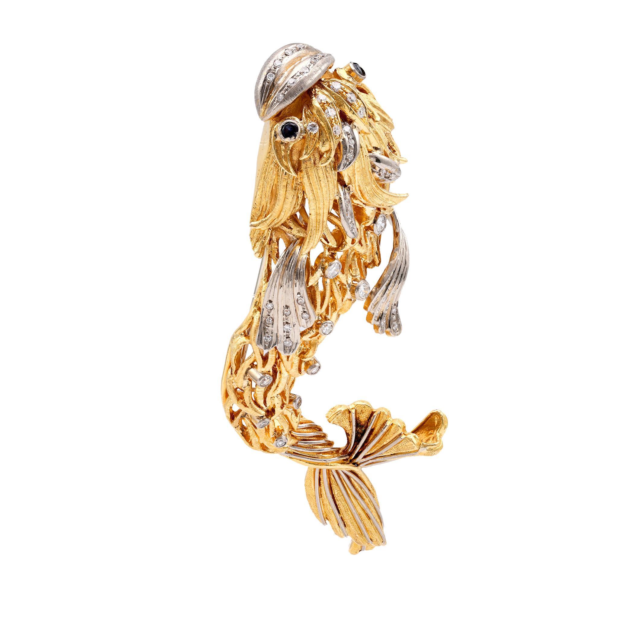 Brilliant Cut Vintage Ilias Lalaounis Sapphire Diamond 18K Yellow White Gold Koi Fish Brooch