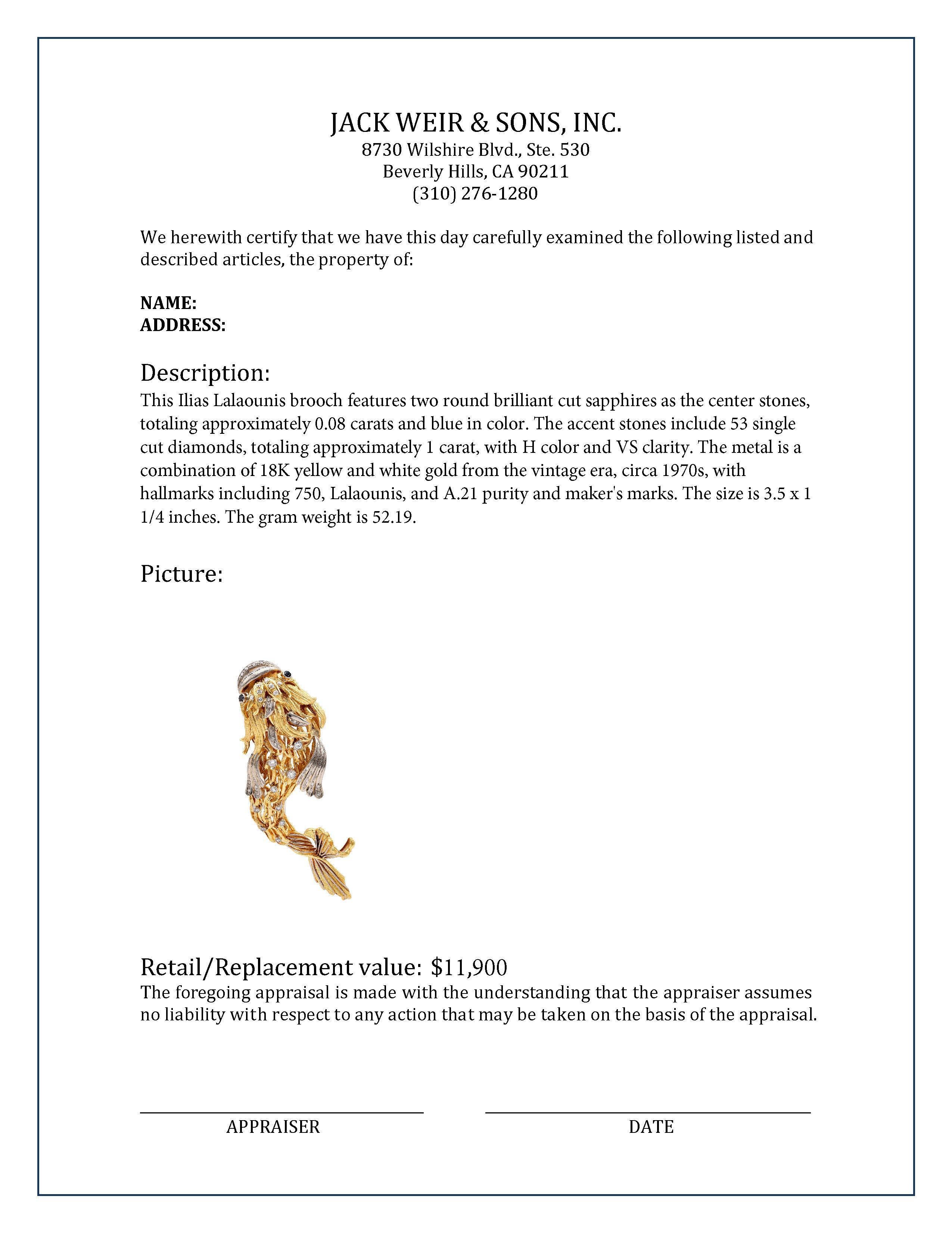 Vintage Ilias Lalaounis Sapphire Diamond 18K Yellow White Gold Koi Fish Brooch In Excellent Condition In Beverly Hills, CA