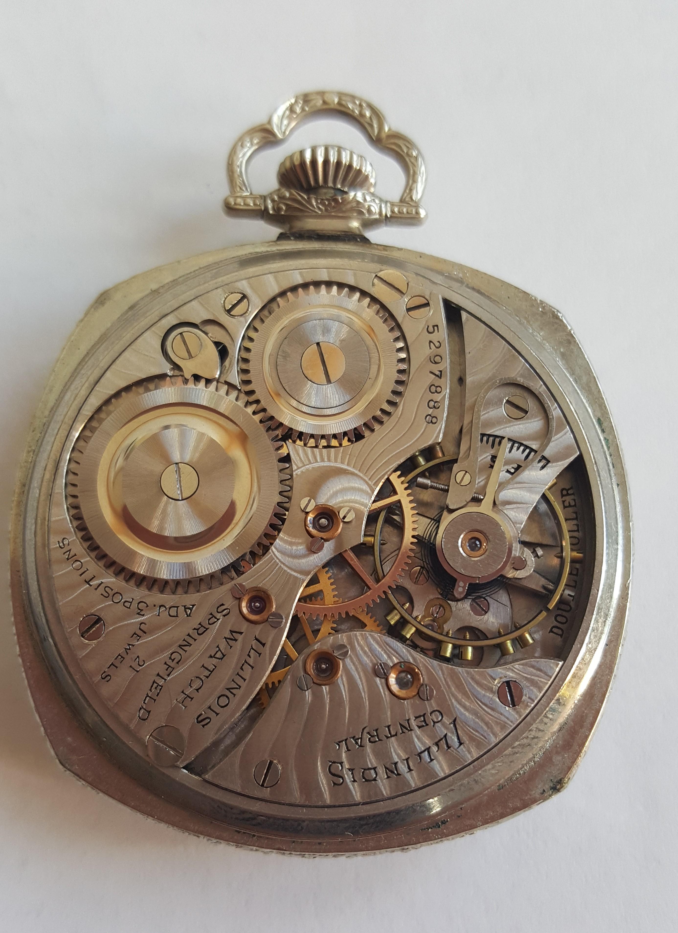 Men's 1929 Vintage Illinois Central Pocket Watch, 14kt White Gold Filled, Working