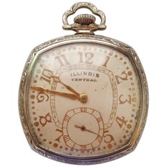 1929 Antique Illinois Central Pocket Watch, 14kt White Gold Filled, Working