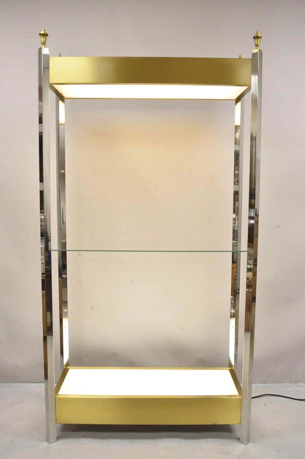 Vintage Illuminated Chrome and Brass Light Up Display Shelf Curio Etagere For Sale 7