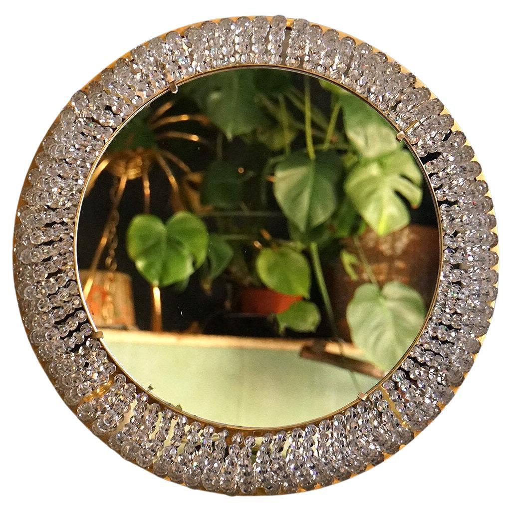 Vintage Illuminated Circular Mirror with Cut Crystal Beaded Frame, 1970s