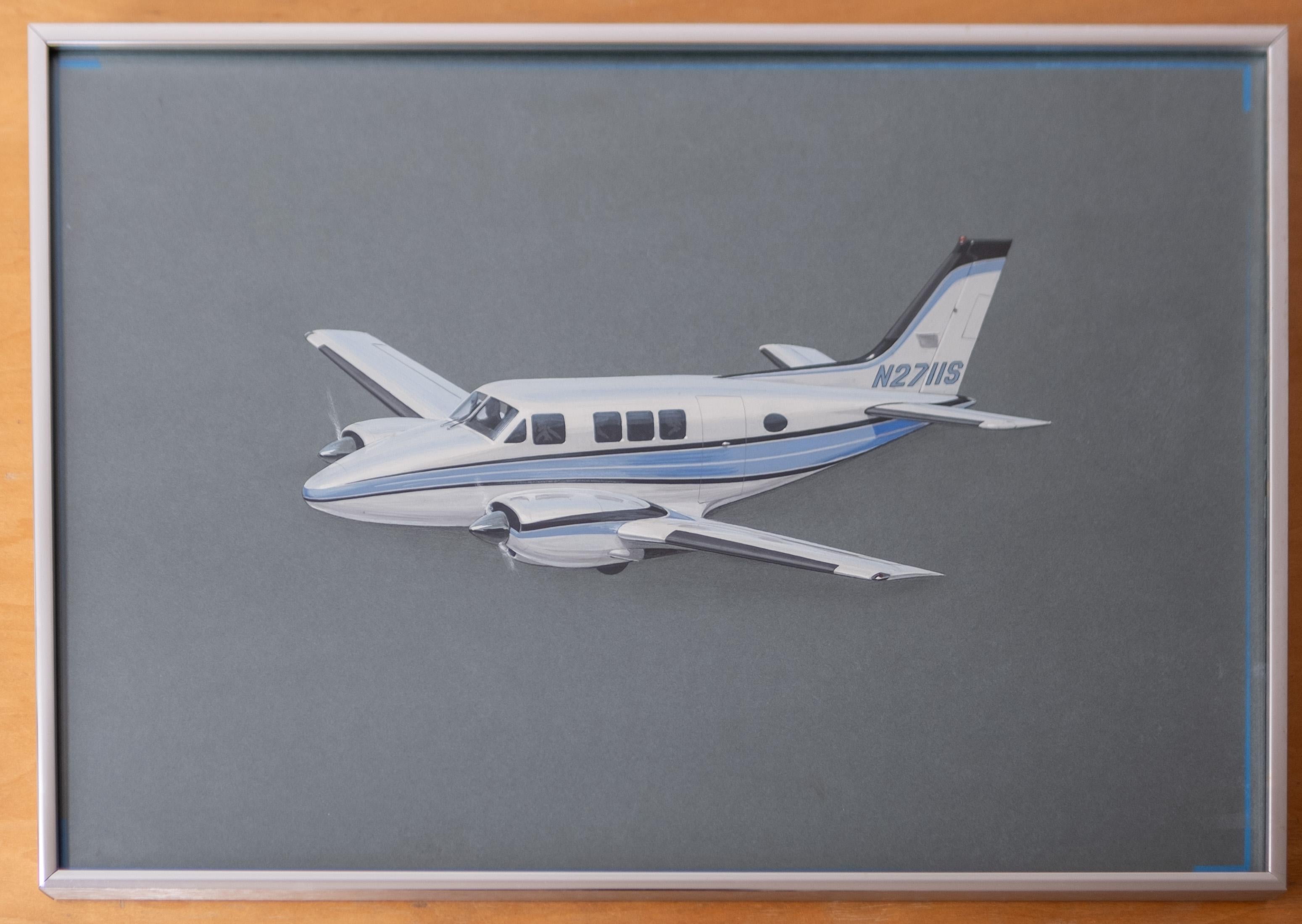 Illustrazione vintage di un aereo Beechcraft Queen Air. Questo aereo leggero bimotore è stato prodotto da Beechcraft dal 1960 al 1978. 
Matita colorata e pastello su carta. Cornice originale di alta qualità.  1960s