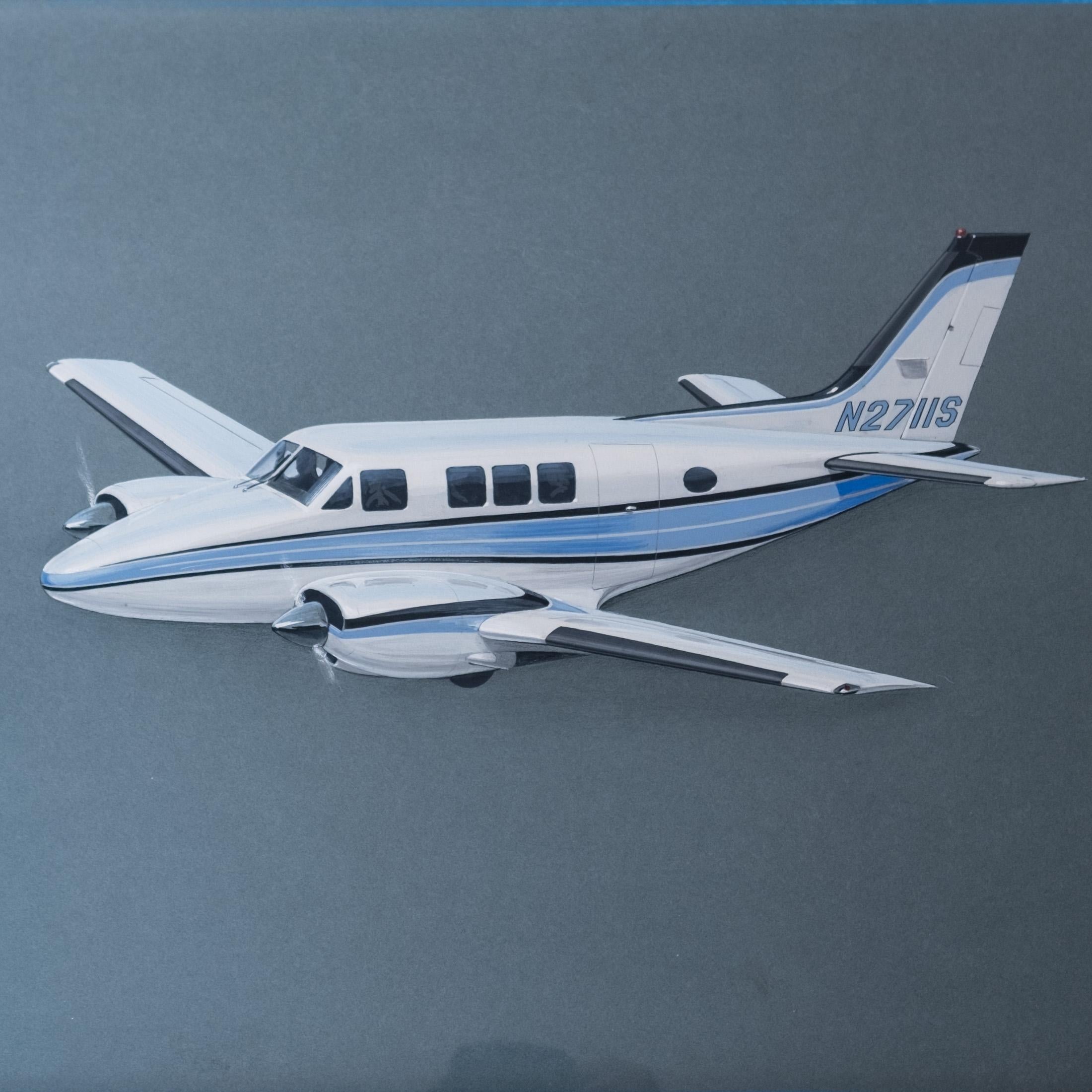 Moderno Illustrazione d'epoca di un aeroplano Beechcraft Queen Air in vendita