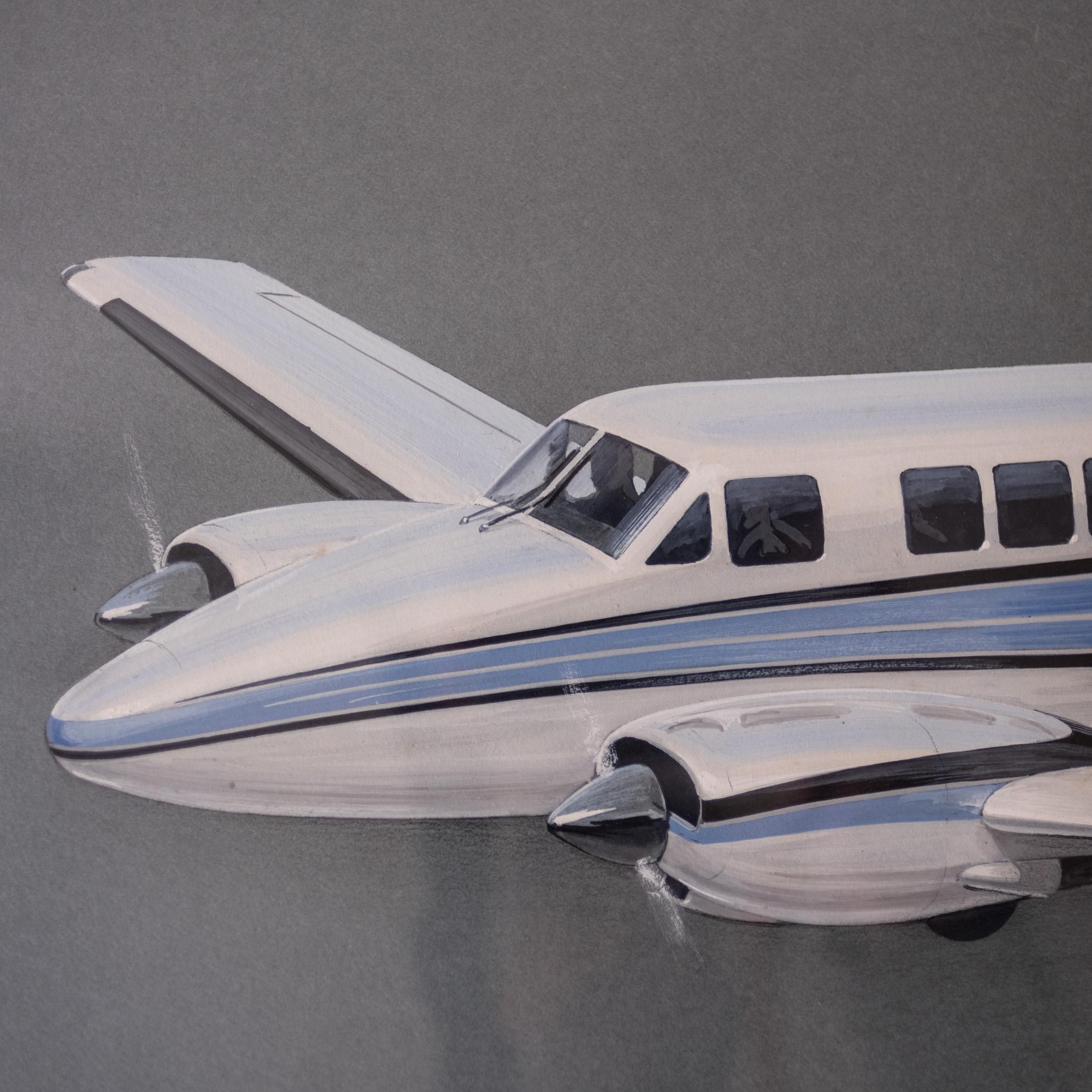 Carta Illustrazione d'epoca di un aeroplano Beechcraft Queen Air in vendita