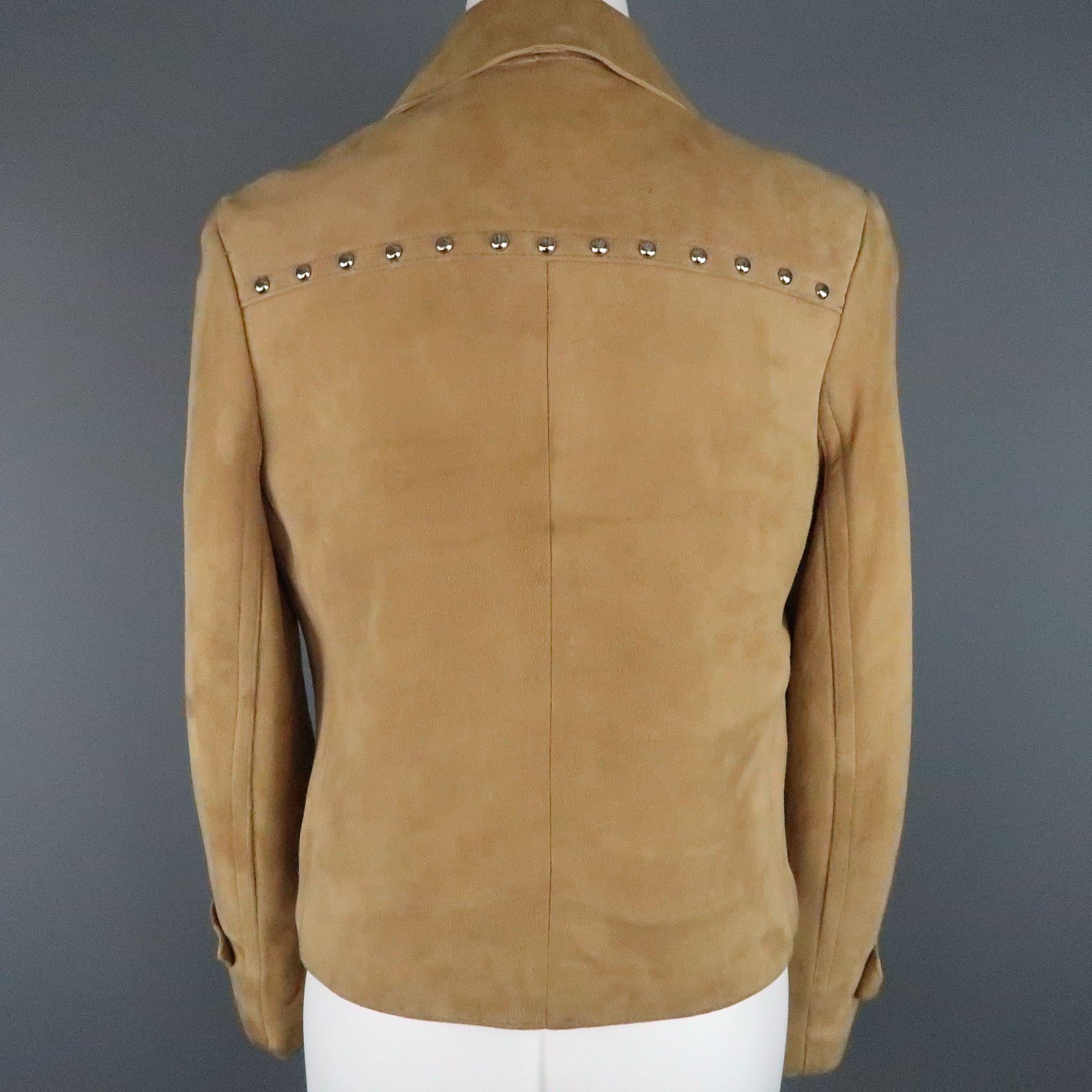 Vintage I.MAGNIN Size 12 Tan Studded Suede Cropped Snap Jacket In Fair Condition For Sale In San Francisco, CA