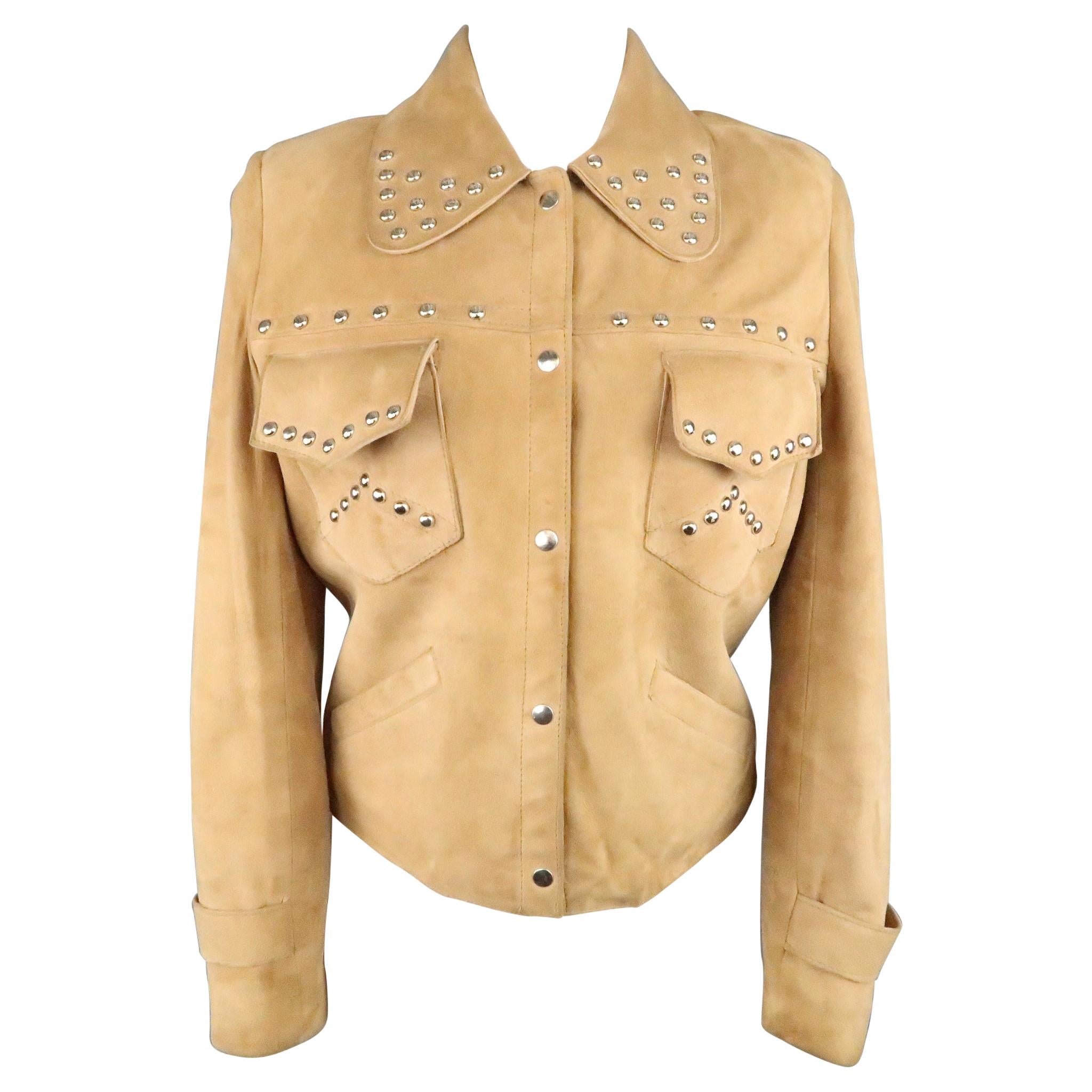 Vintage I.MAGNIN Size 12 Tan Studded Suede Cropped Snap Jacket For Sale