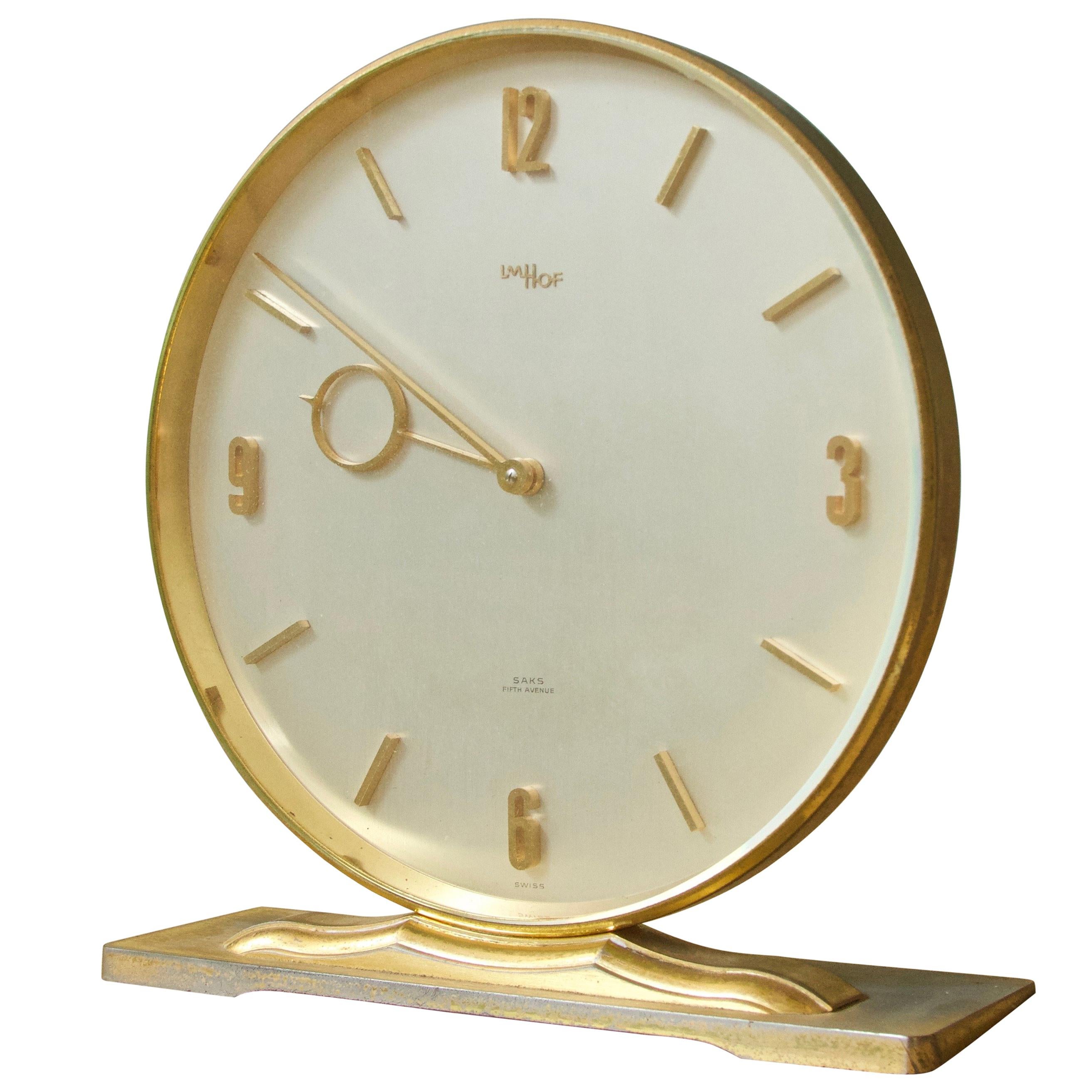Vintage Imhof for Saks Fifth Avenue Circular Brass Desk Clock Switzerland, 1960s For Sale