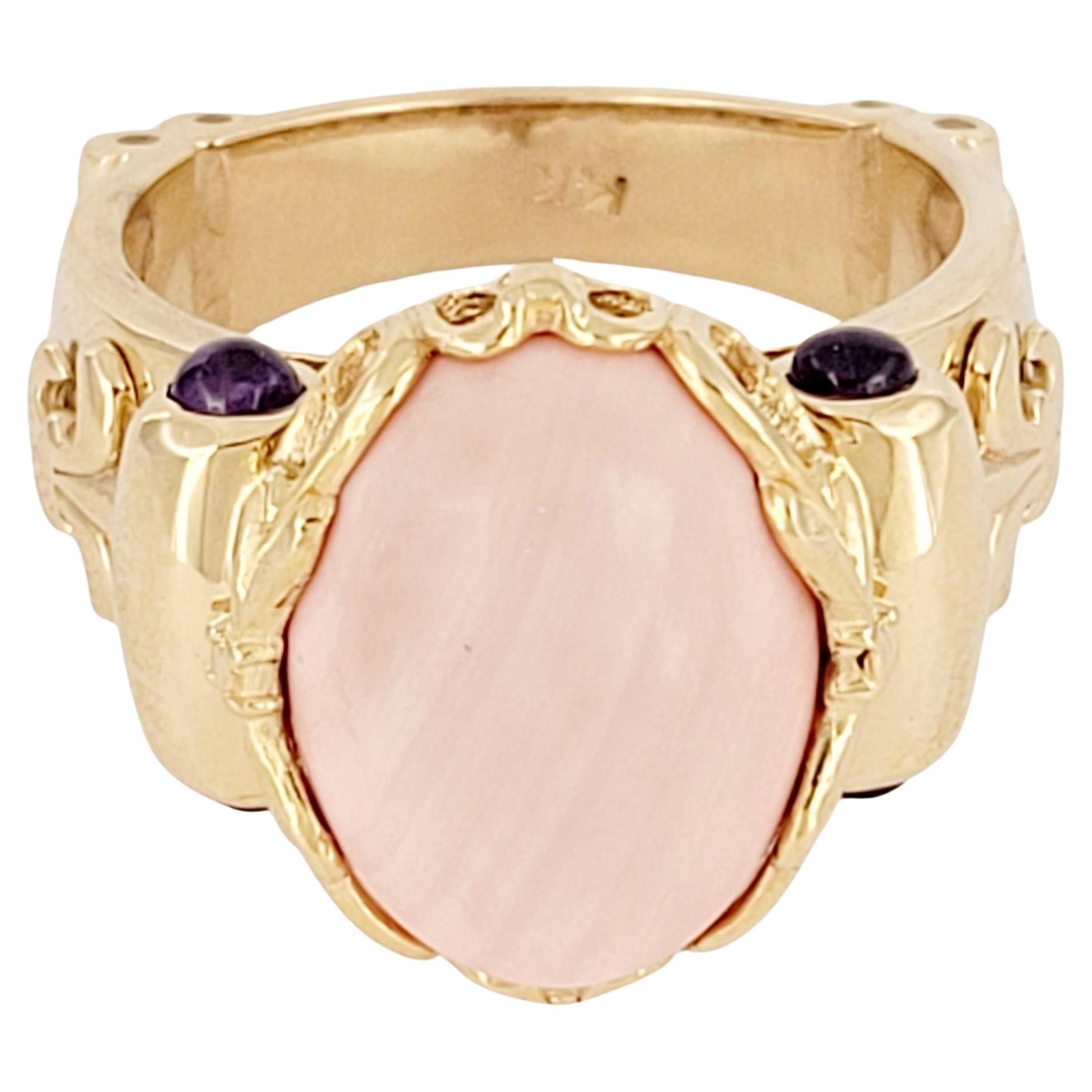 Vintage Imitation Coral and Amethyst Ring in 14K Yellow Gold.