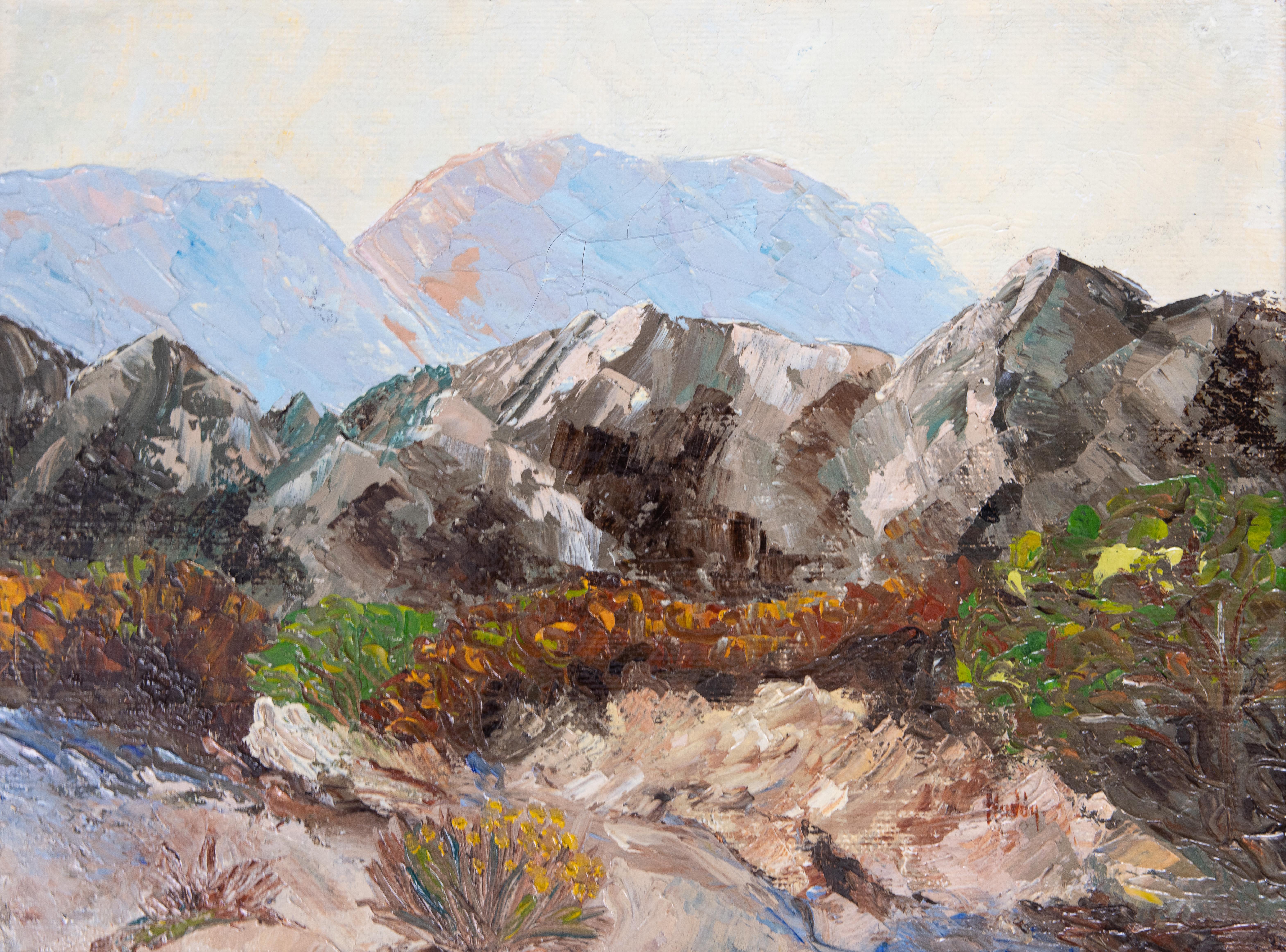 Brillant paysage de falaises rocheuses du sud-ouest, exécuté au couteau, vers 1900-1949. Sous les falaises se trouvent des fleurs éclatantes, évocatrices du sud-ouest américain. Au loin, on aperçoit des montagnes d'un bleu pâle. Signé en bas à