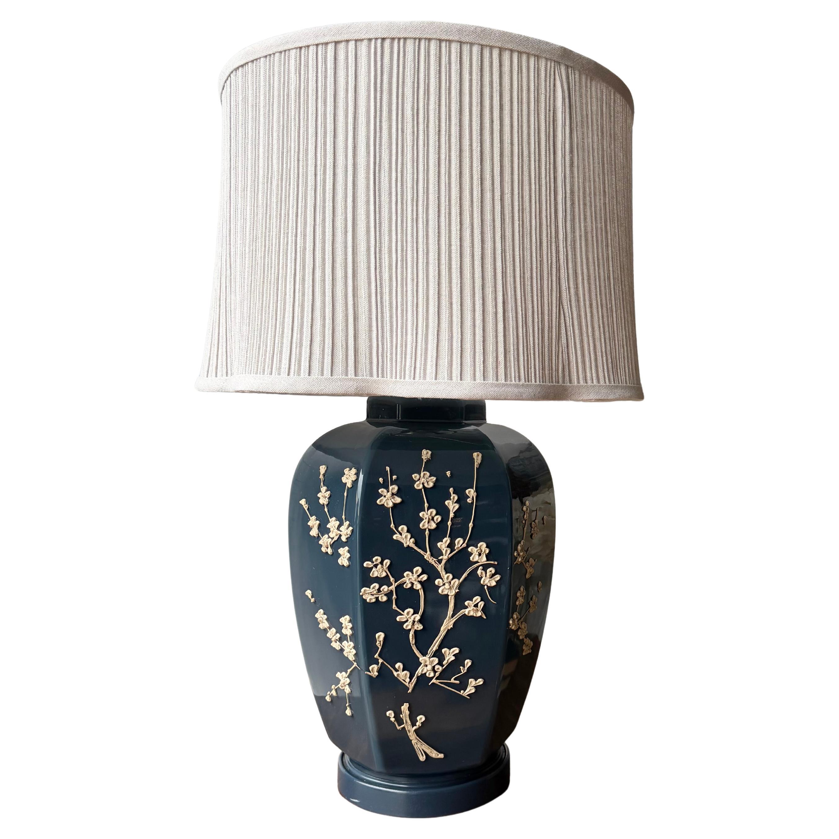 Vintage Impasto Table Lamp with Hand Sculpted Floral Relief and Pleated Shade For Sale