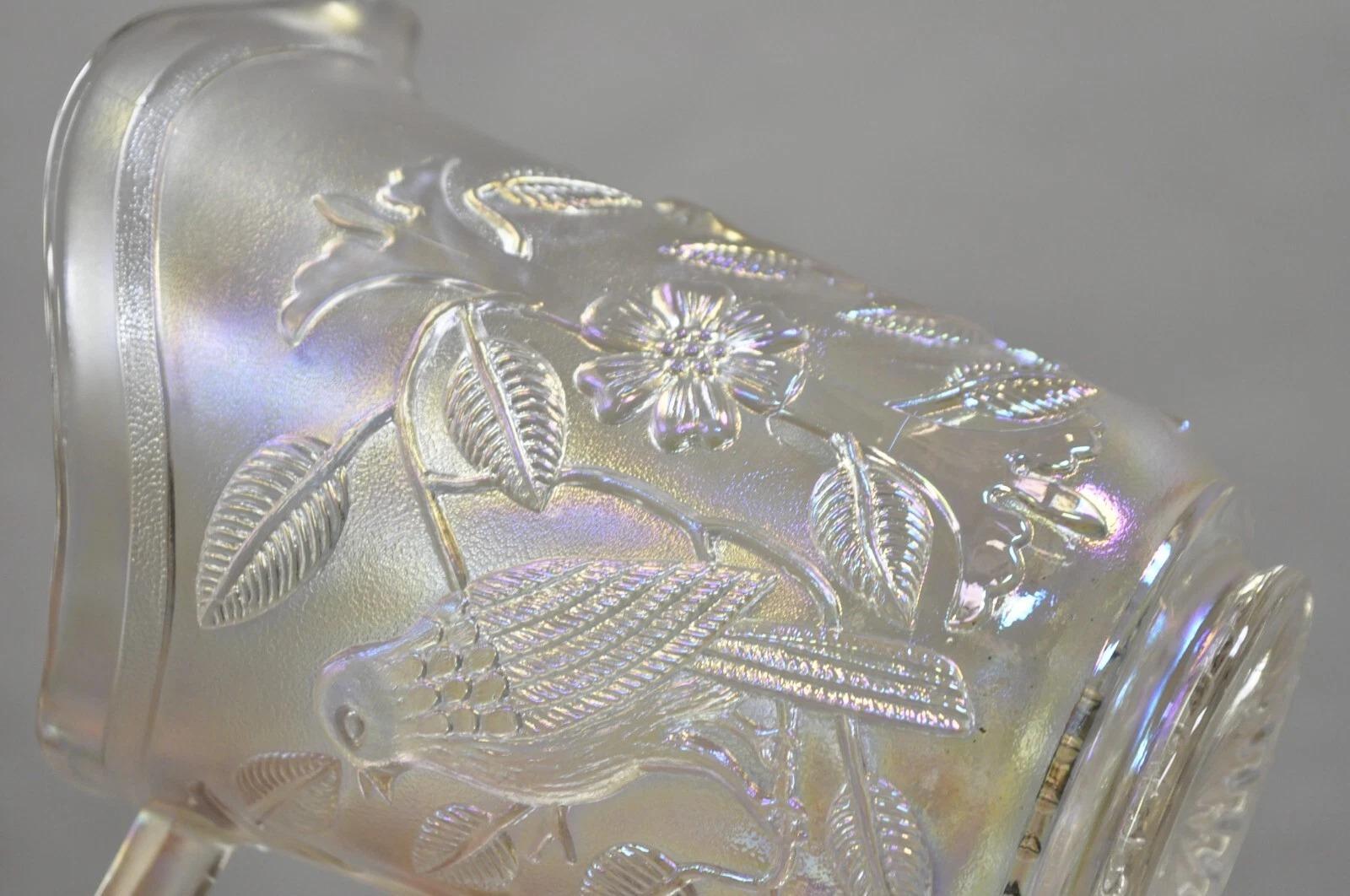 Vintage Imperial Karneval Glas schillernden Frosty White Robins & Blumen Krug im Angebot 4