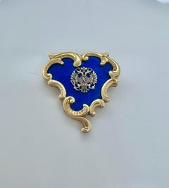 Vintage Imperial Faberge Era Gilded Silver Enamel Old Diamond Brooch